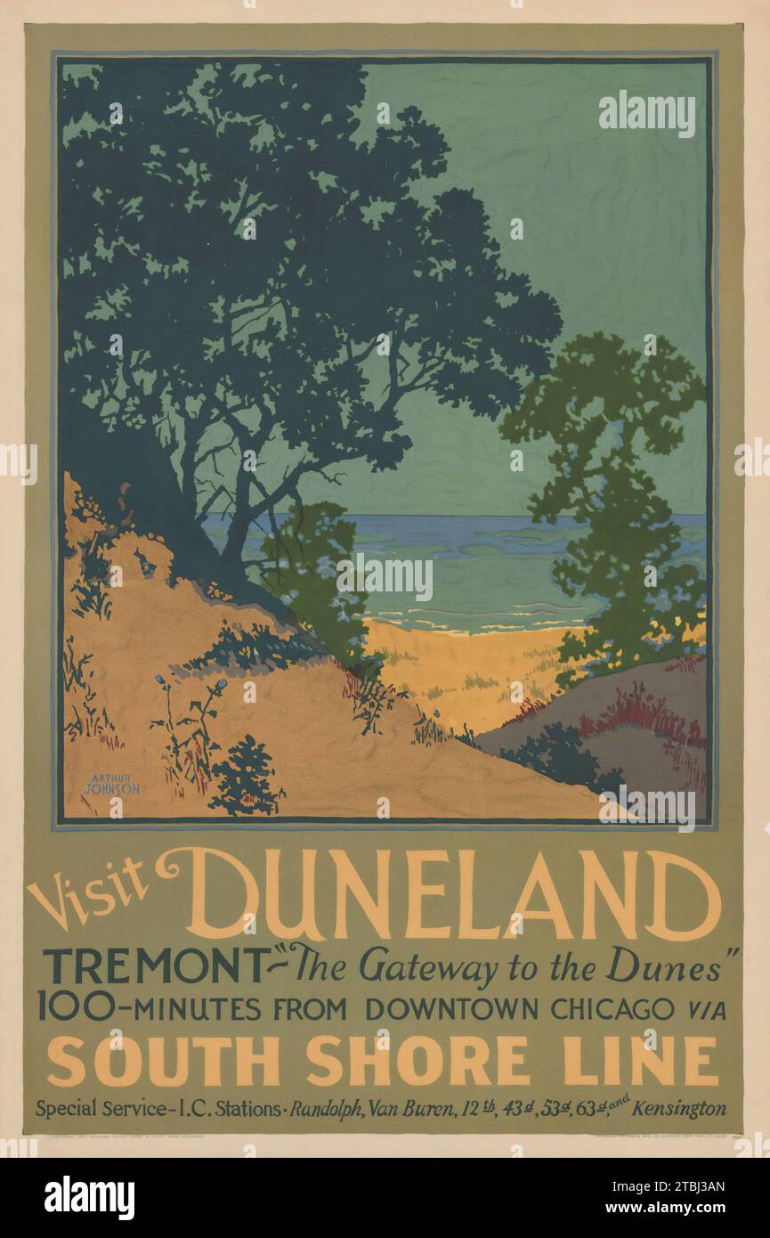 Old American travel poster - Visit Duneland, Tremont - 100-minutes from downtown Chicago via South Shore Line, 1925 - railroad poster Stock Photo