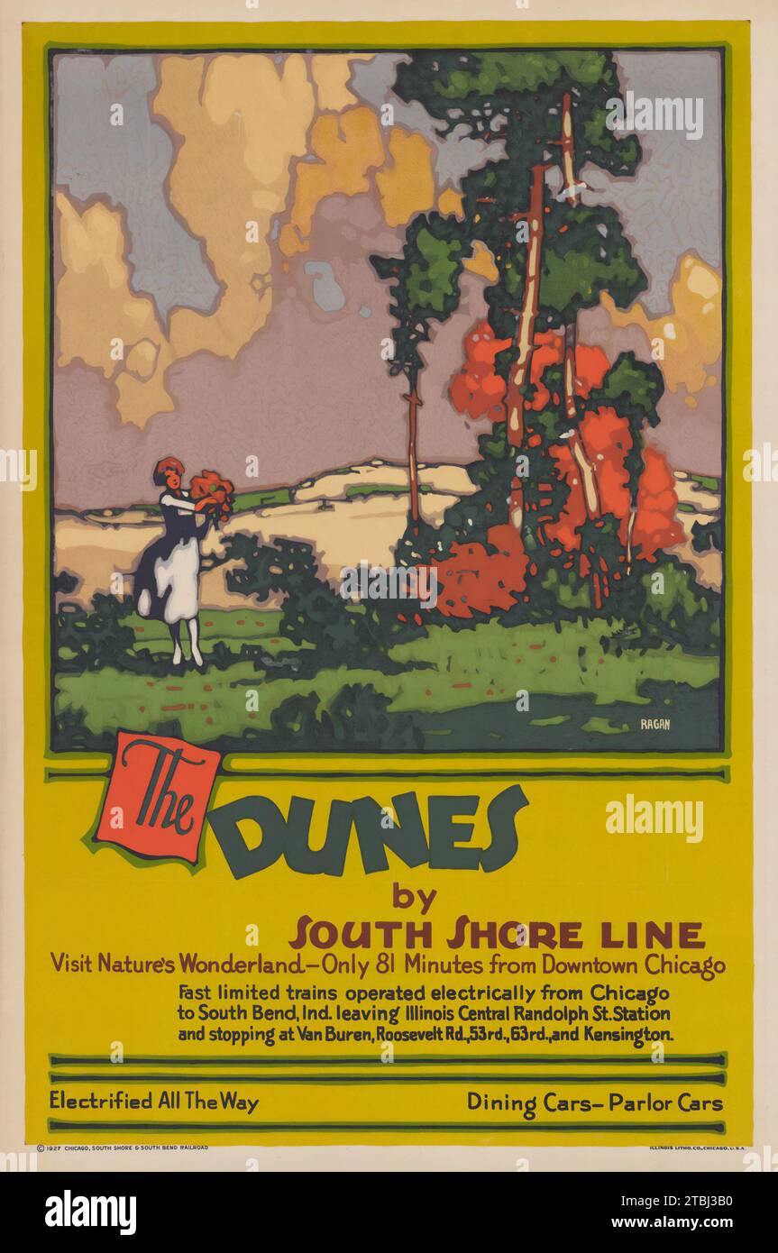 Old American travel poster - The dunes by South Shore Line, 1927 - Visit Natures Wonderland, 81 minutes from Downtown Chicago - railroad poster Stock Photo