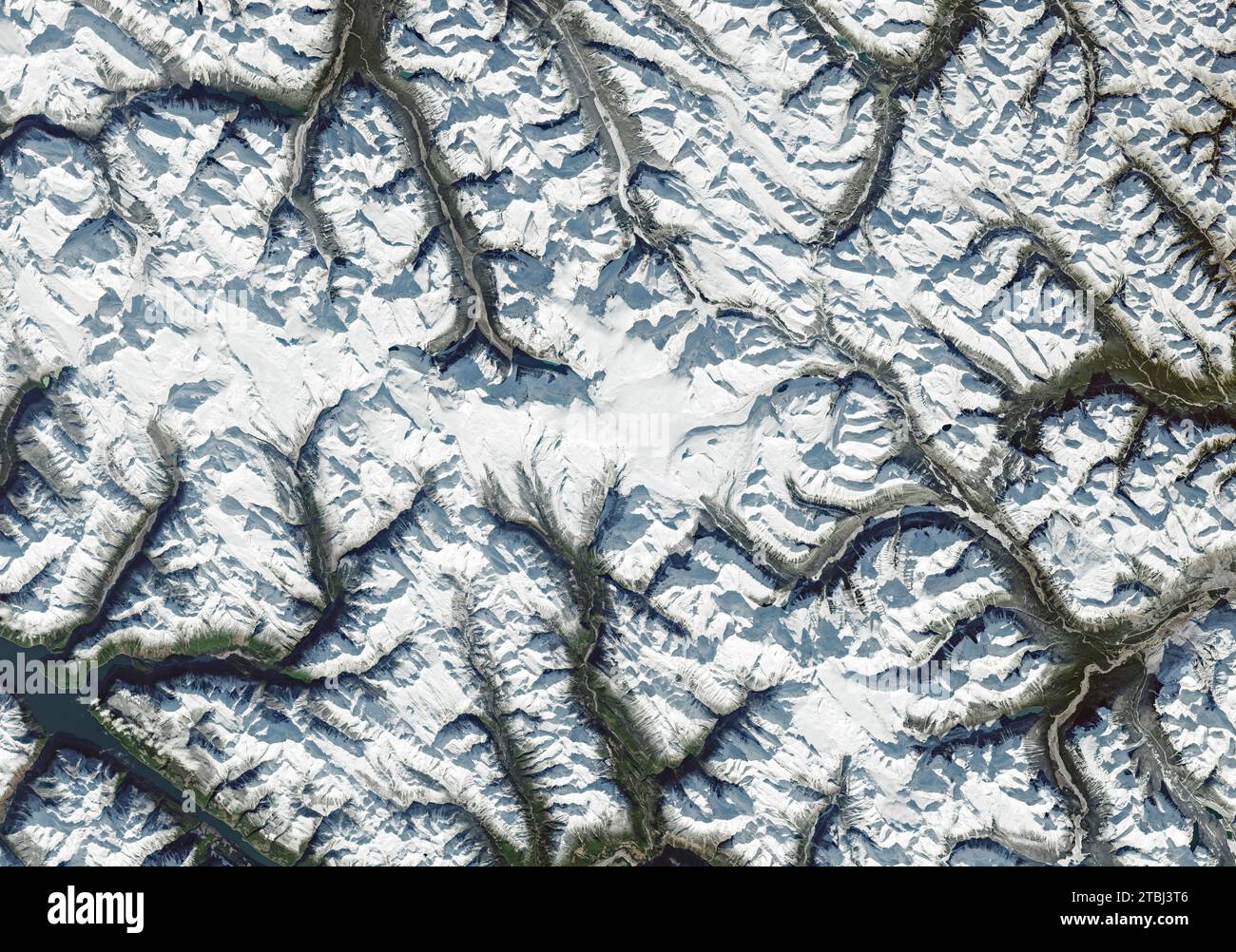 Satellite image of an icefield spanning the provinces of British Columbia and Alberta, Canada. Stock Photo