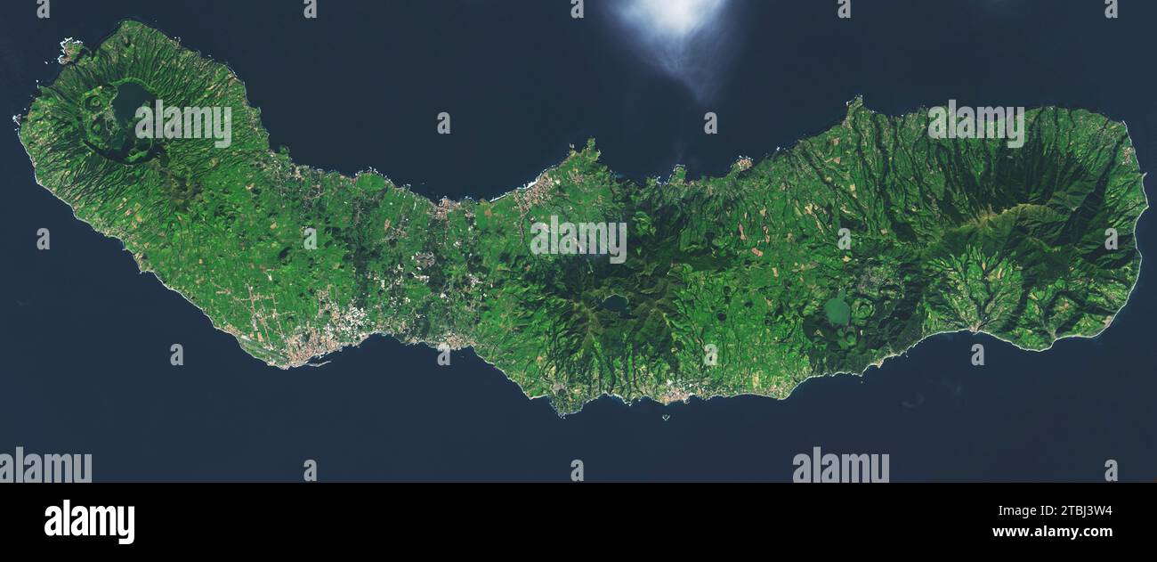 Satellite image of Sao Miguel island in the Portuguese archipelago of the Azores. Stock Photo