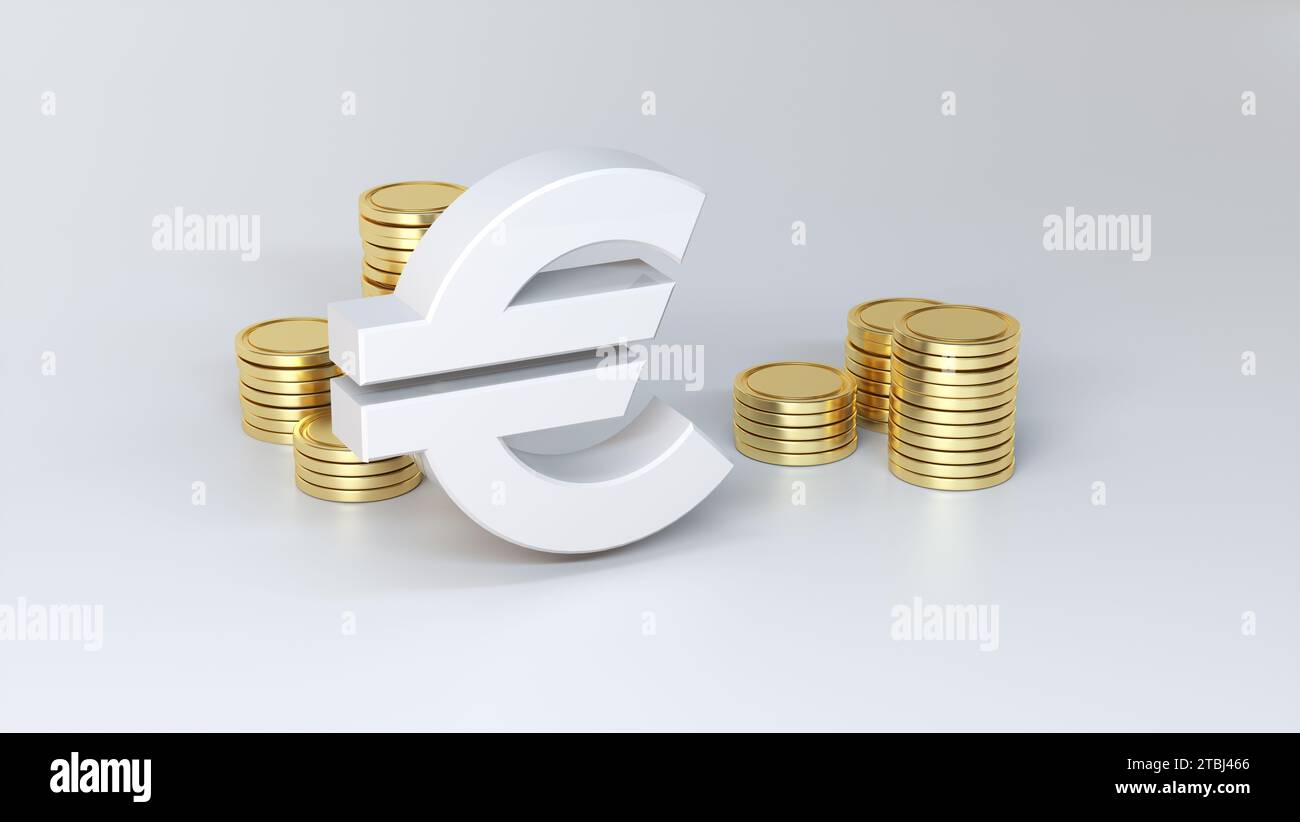 White Euro money symbol with Stack of gold coins around on a soft gray ...