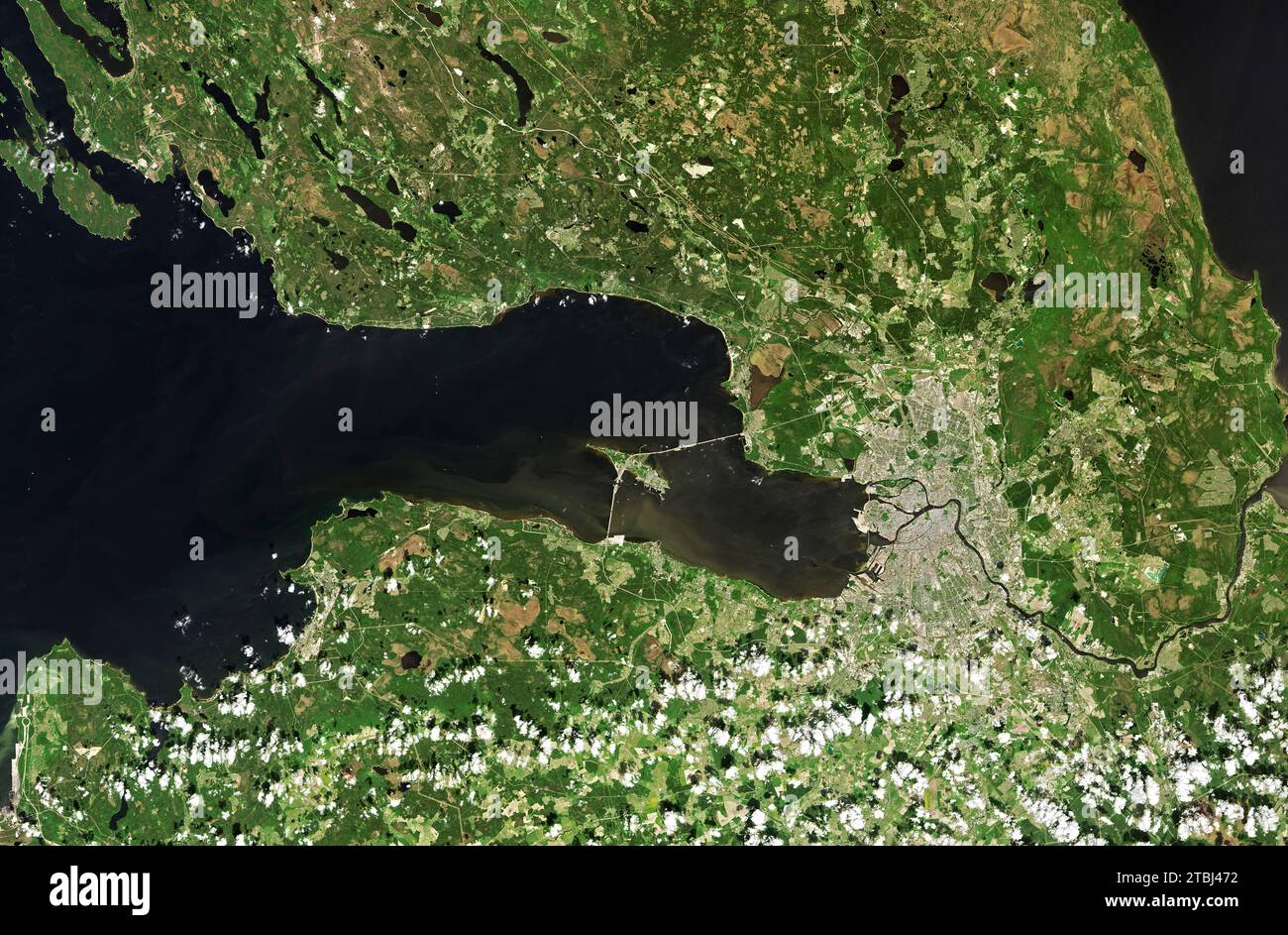 Satellite image of the Saint Petersburg Flood Prevention Facility in Russia. Stock Photo