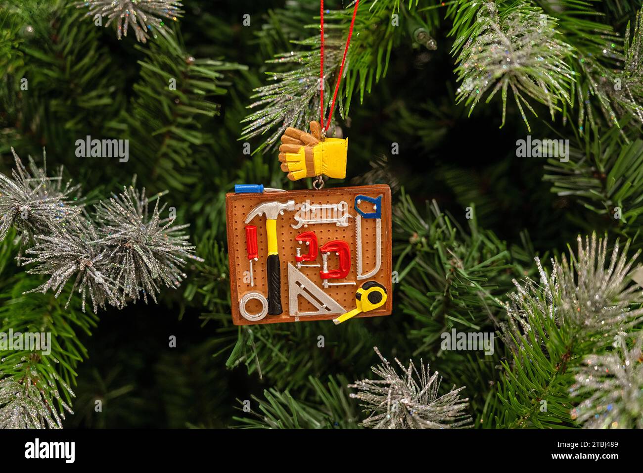 Christmas ornament with construction equipment tools. Hardware for