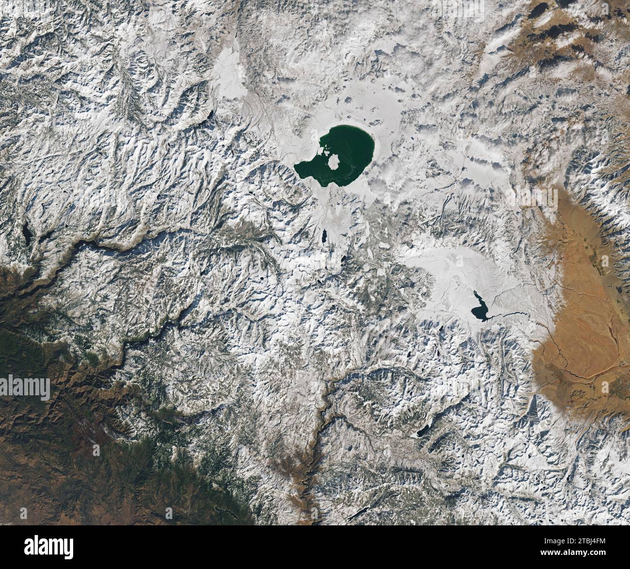 Satellite view of snow blanketing the central Sierra Nevada in California. Stock Photo
