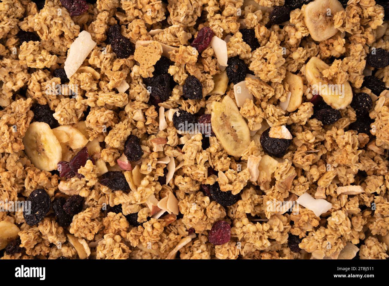 granola texture, muesli texture, top view, close up photo image on granola or muesli pile texture, cereal grain healthy food, can use for background Stock Photo