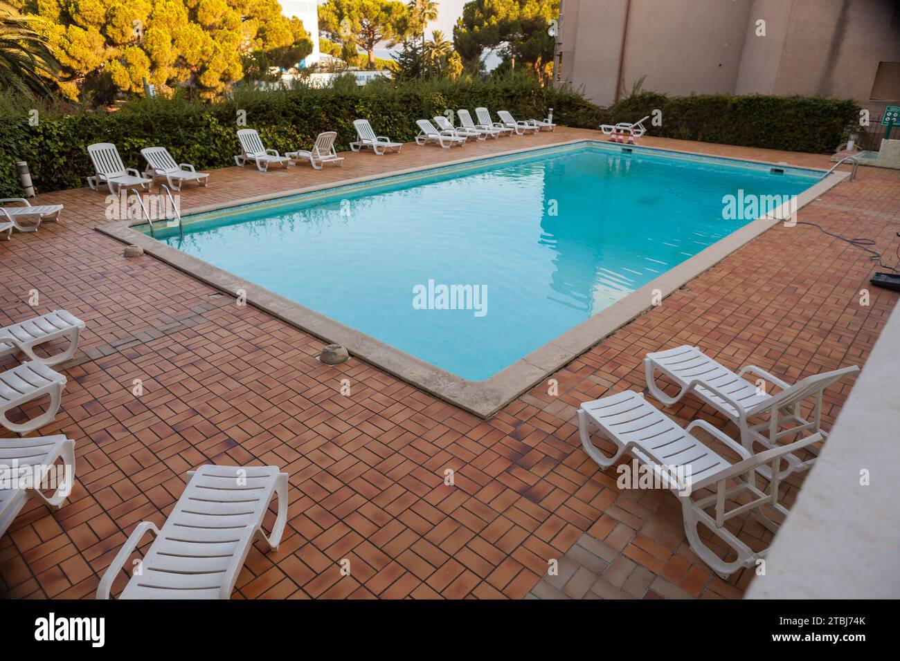 Hotel swimming pool in St-Florent, Corsica, France Stock Photo