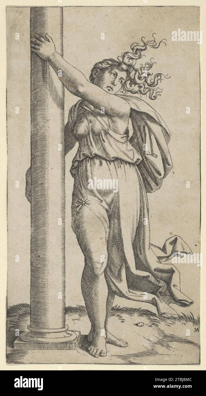 A young woman personifying Force or Strength holding a column 1917 by Marcantonio Raimondi Stock Photo