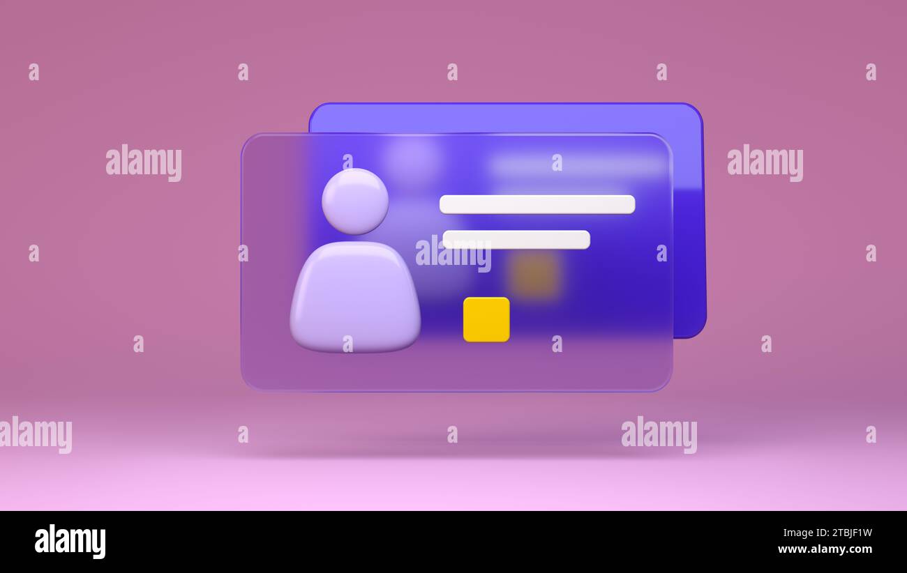 User ID Card Icon on Speech Glass Morphism Bubble Realistic Symbol on Dark Pink Studio Background. 3D Render Illustration. Stock Photo