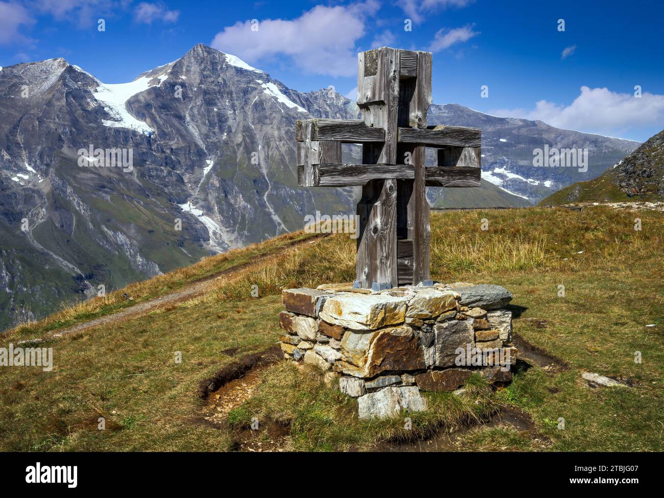 Summit cross at the Grossglockner hig alpine road  in the High Tauern mountains Stock Photo