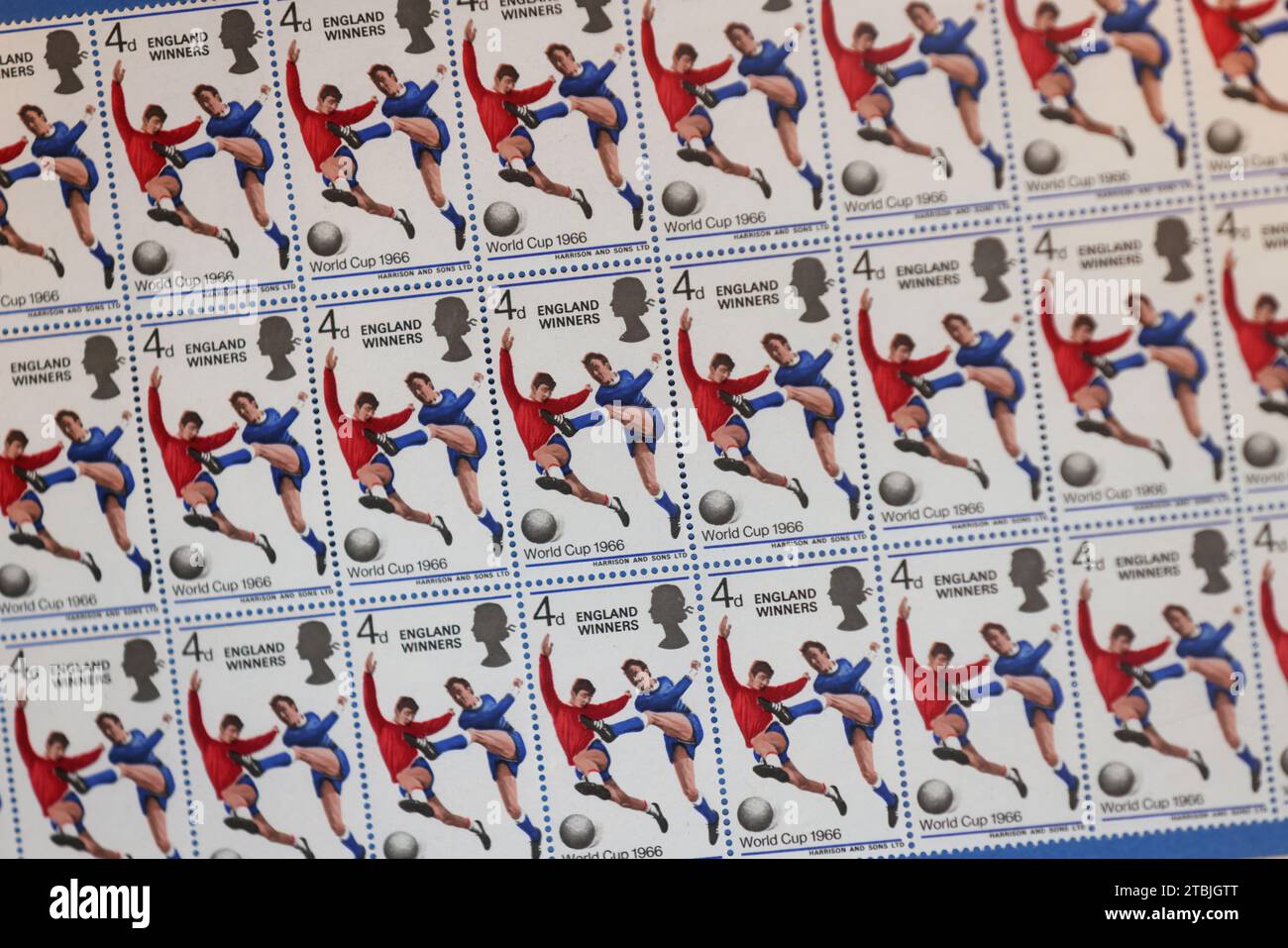 World Cup 1966 England Winners stamps pictured in a frame in a pub in East Sussex, UK. Stock Photo