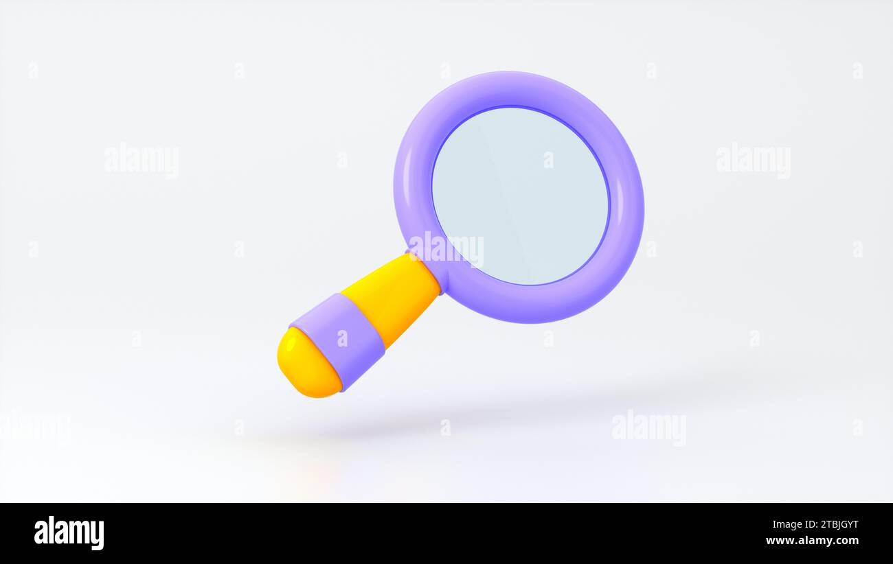 Magnifying glass or optical search icon on soft white background. Search concept. Cartoon minimalism style. 3D Render Illustration. Stock Photo