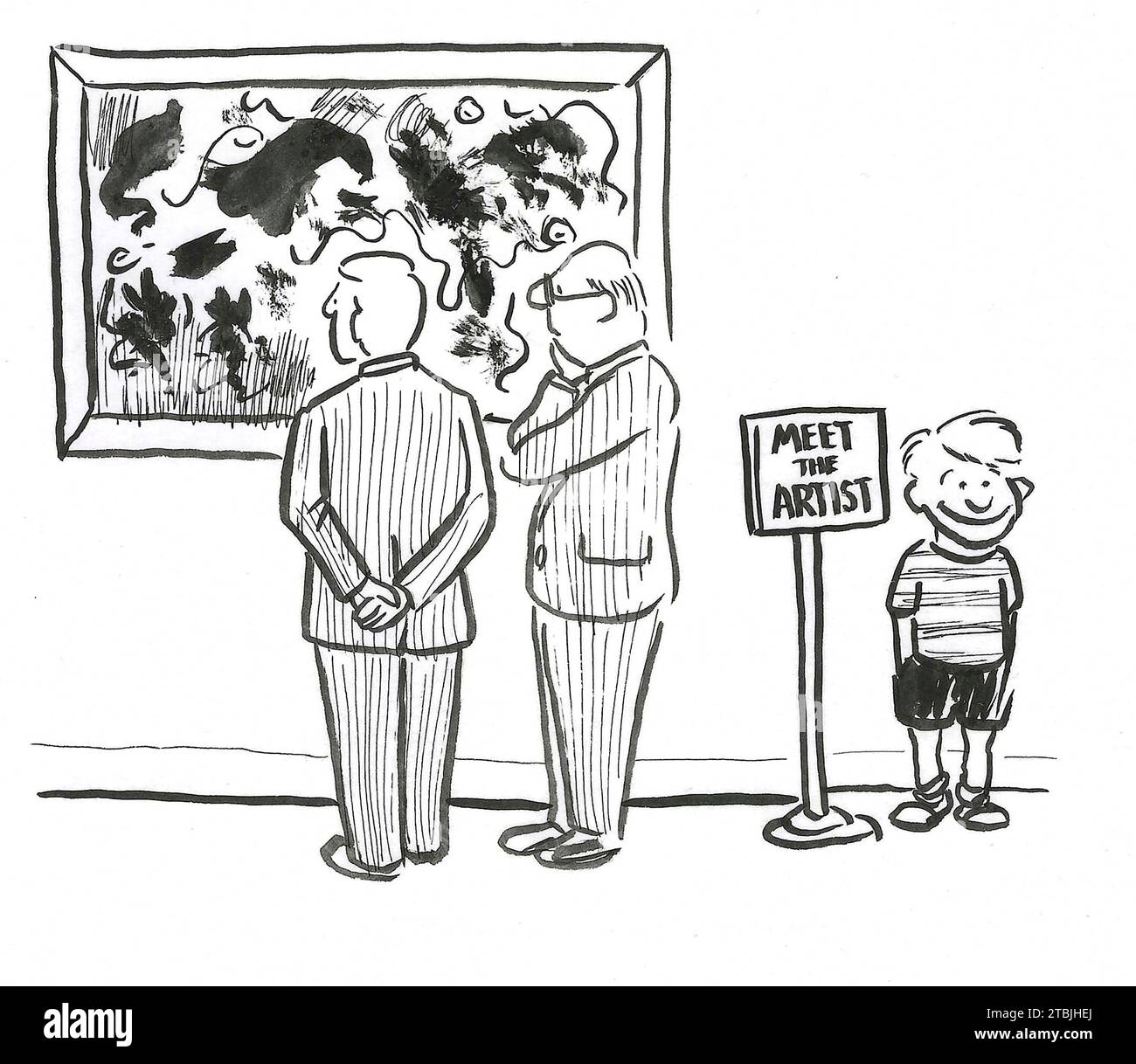 B&W illustration of a young boy, the artist, whose work is in an art museum being looked at and admired by adults. Stock Photo