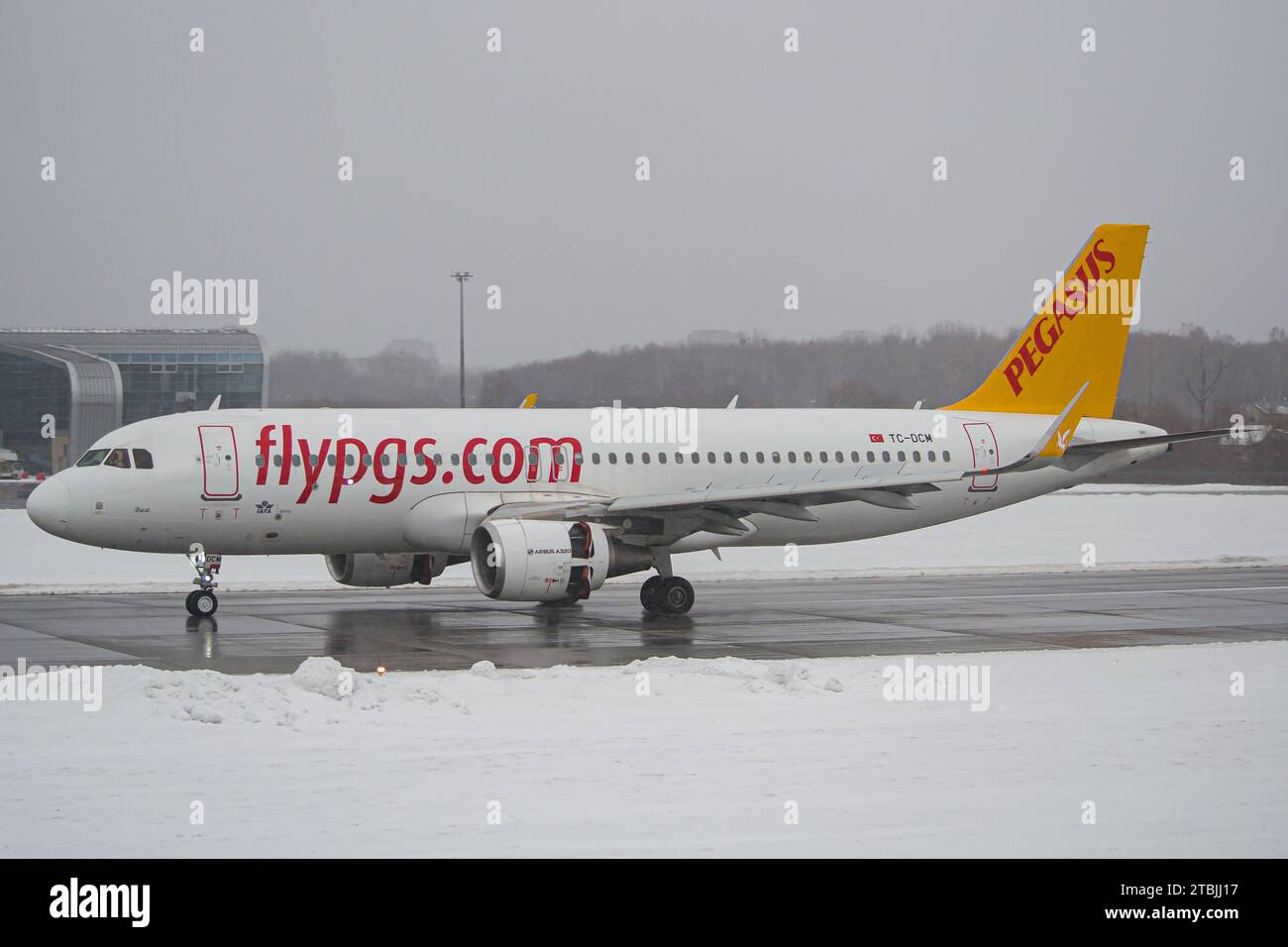 Pegasus Airlines Airbus A320 slowing down after a landing at Lviv Airport after a flight from Istanbul, Turkey Stock Photo