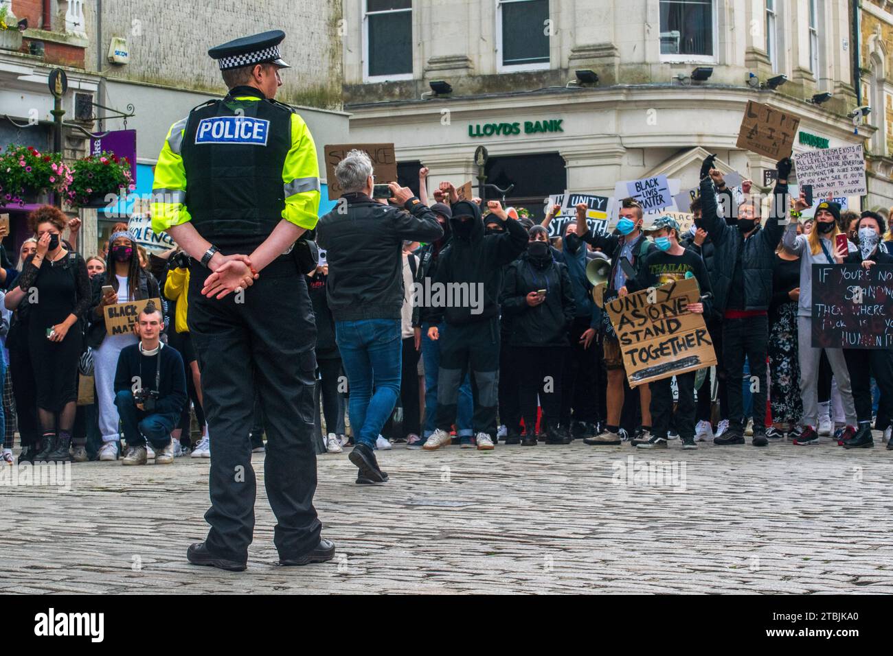 Police separate BLM and counter protesters as they clash during a BLM march in Truro Stock Photo