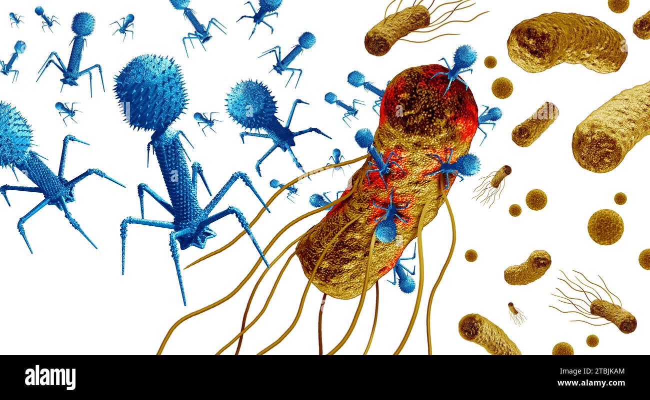 Phage and Bacteriophage attacking bacteria as a virus that infects bacteria as a bacterial virology symbol as a pathogen that attacks bacterial infect Stock Photo
