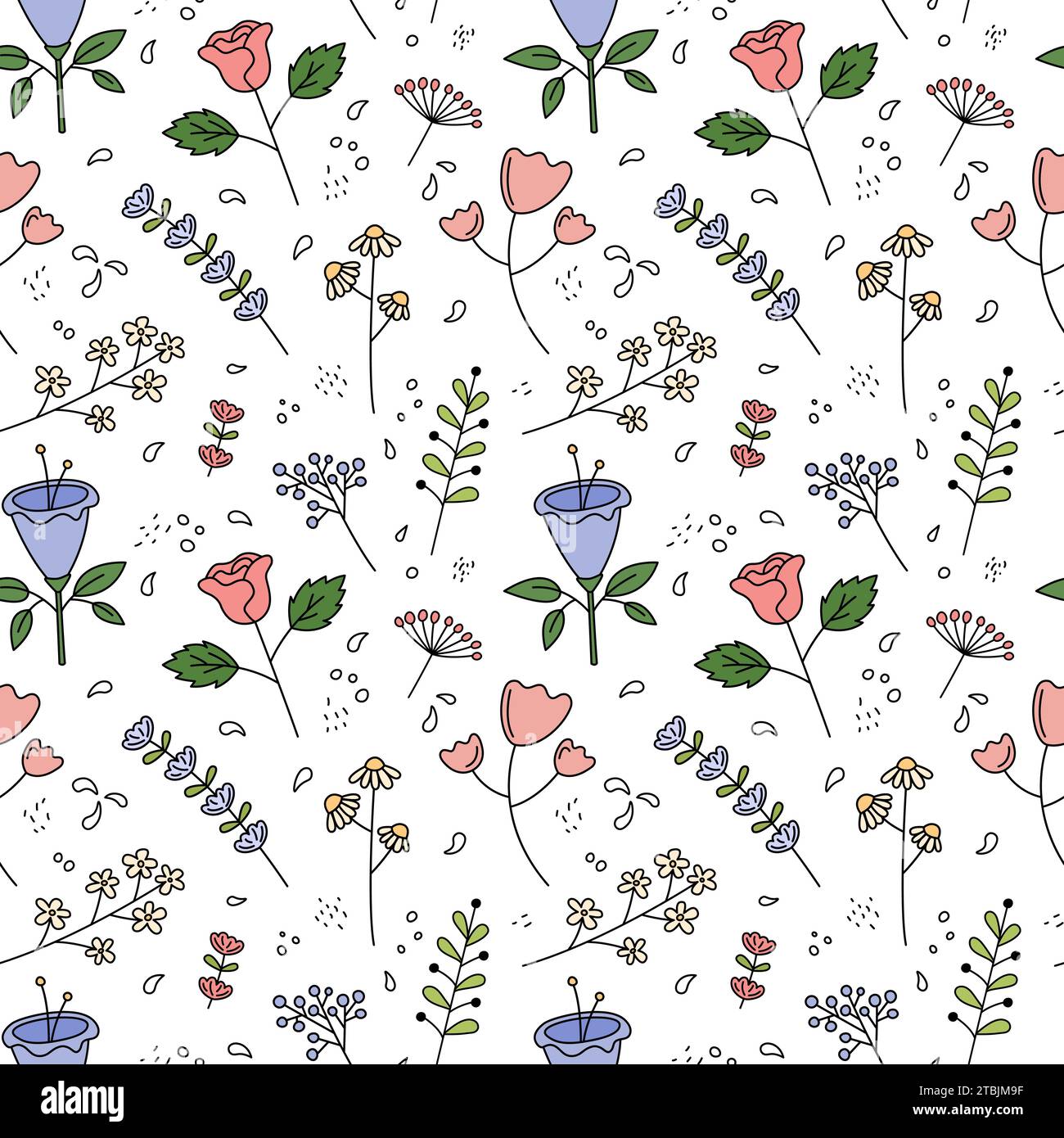 Floral pattern. White vector seamless background with cute hand drawn ...