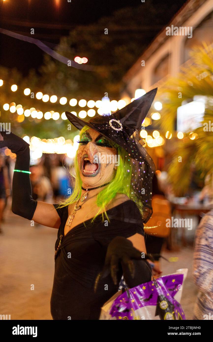 Mexico, Isla Mujures, A woman dressed  in costume as a  witch to celebrate the Day of the Dead also known as dia de los Muertos Stock Photo