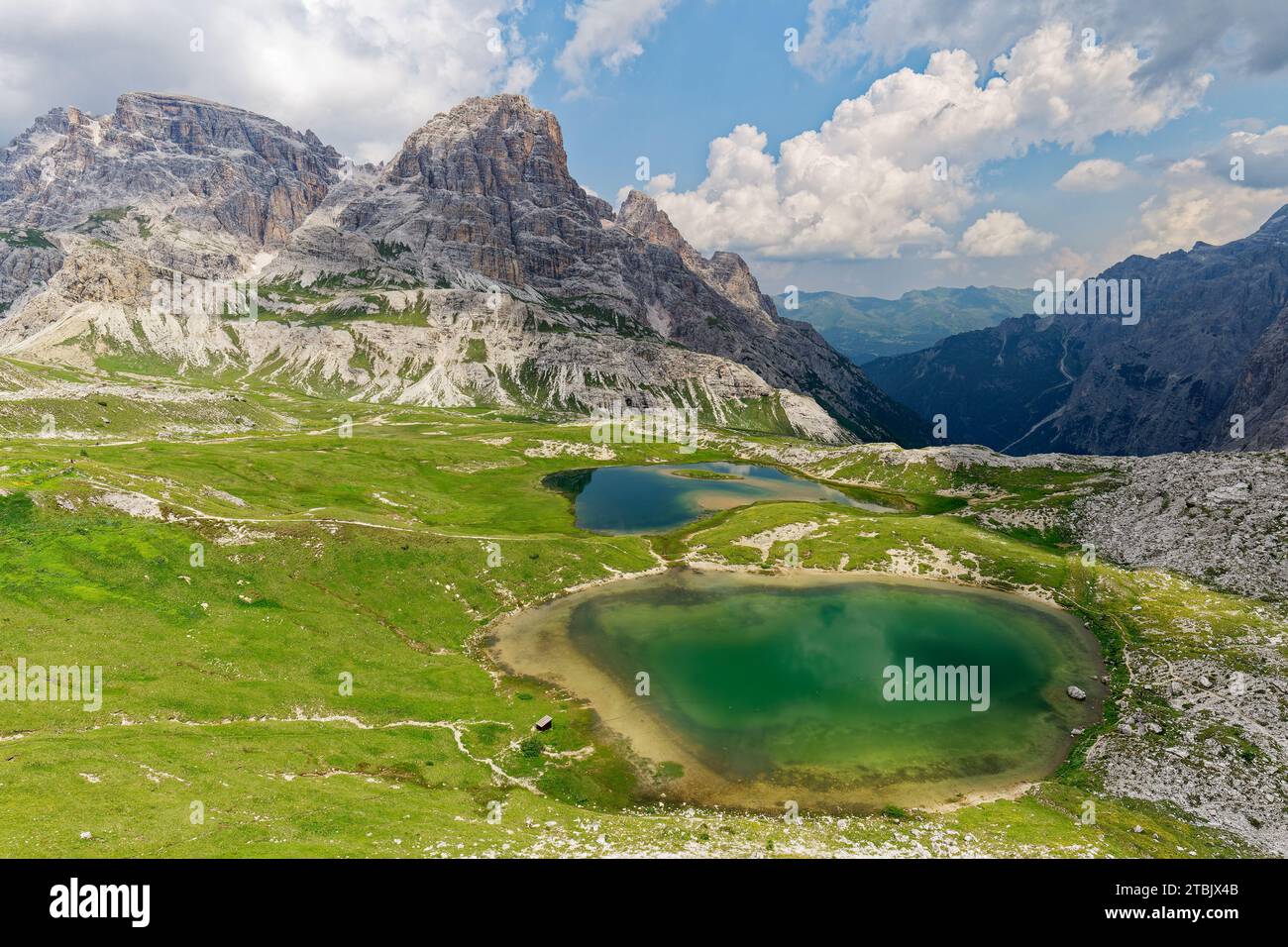 View of Laghi dei Piani near Tre Cime di Lavaredo, in the Dolomites, Italy. Beautiful and famous landscape for hikers and mountaineers. Amazing lakes. Stock Photo