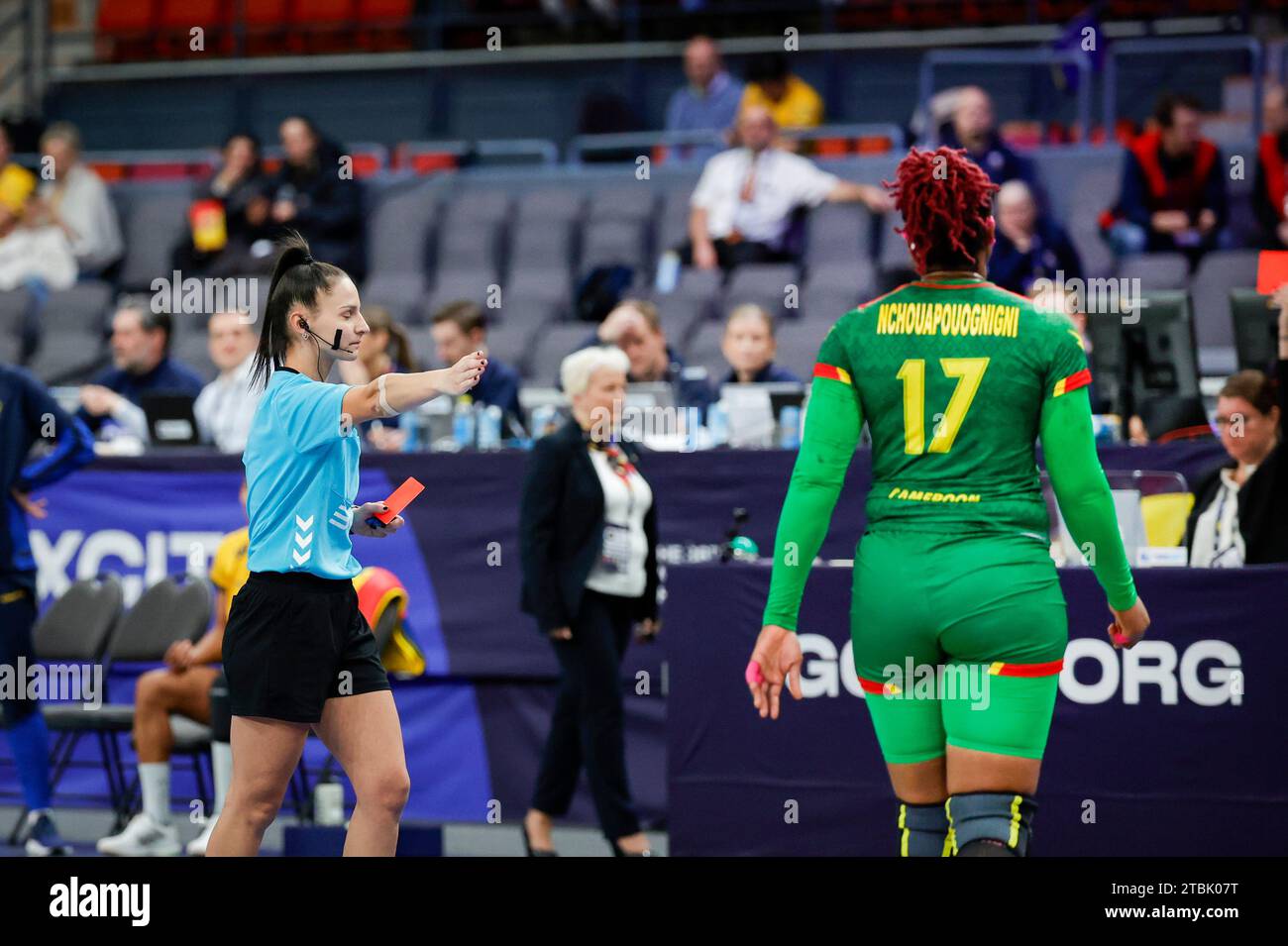 Cameroon's Vanessa Nchouapouognigni Pasma (R) gets a red card from referee Bruna Correa during the IHF Women's World Championship handball match between Sweden and Cameroon at Scandinavium Arena in Gothenburg, Sweden, on Dec. 05, 2023.Photo: Adam Ihse / TT / code 9200 Stock Photo