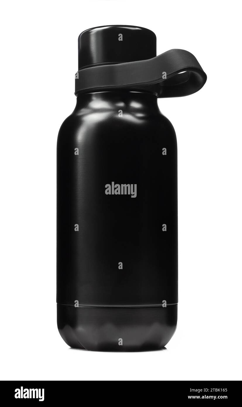 Black shiny thermos bottle isolated on white background Stock Photo Alamy