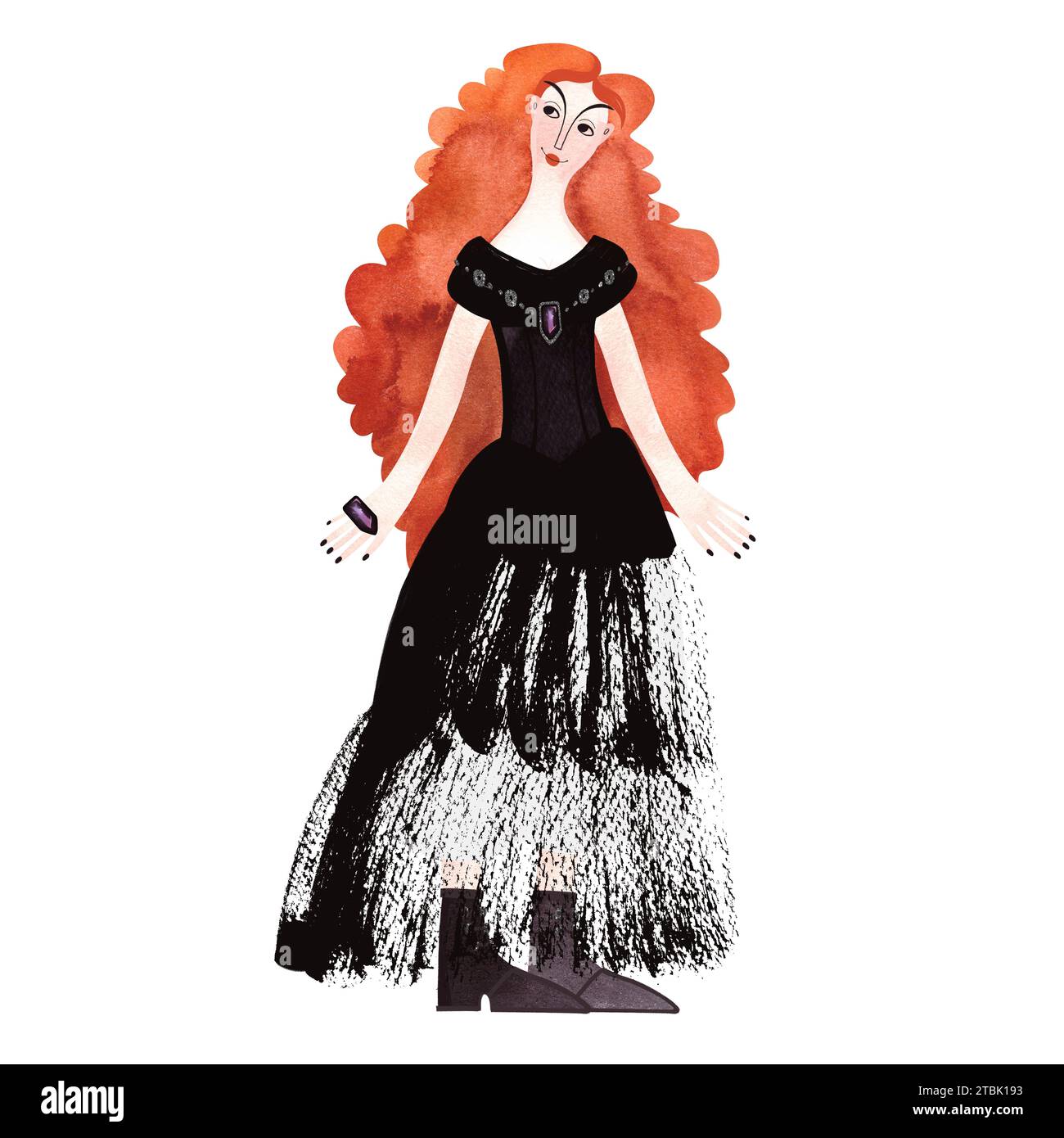 A slender, beautiful, smiling, cheerful young girl with a head of bright red curls in a tight black evening dress with a tulle skirt and amethyst jewe Stock Photo