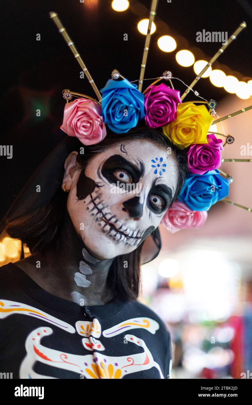Mexico, Isla Mujures, A portrait of a  woman dressed  in costume as a skeleton  to celebrate the Day of the Dead also known as dia de los Muertos Stock Photo