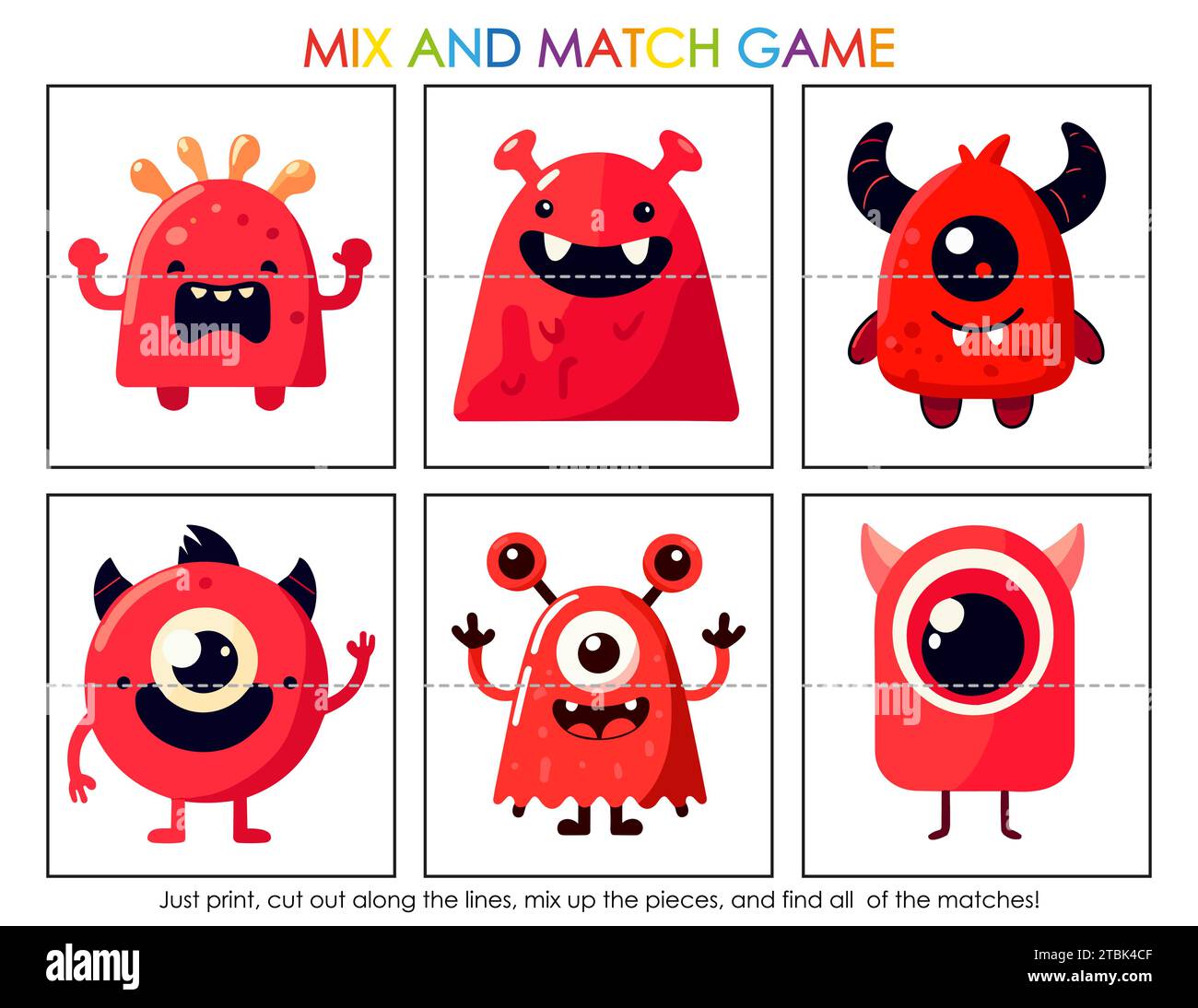 Mix and match puzzles with cute kawaii red monsters. Matching activity for preschool kids. Worsksheet for children Stock Vector
