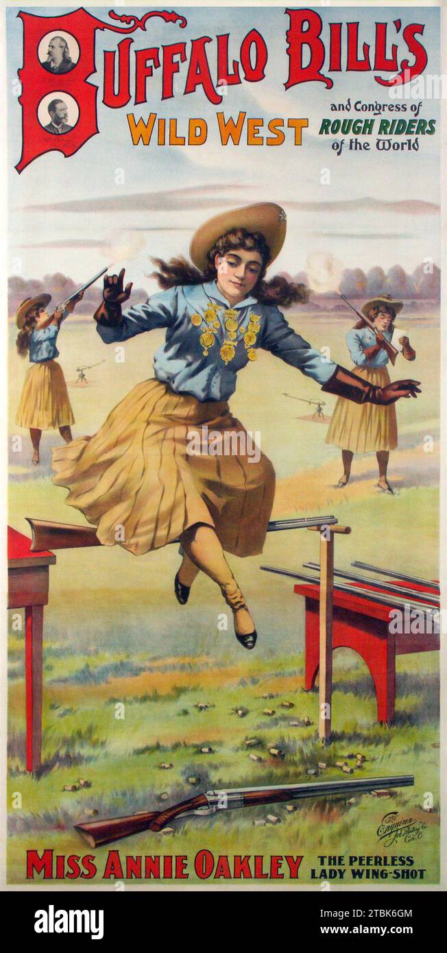'Poster promoting the Buffalo Bill Wild West show highlighting ''the peerless lady wing shot,'' Miss Annie Oakley.' Stock Photo