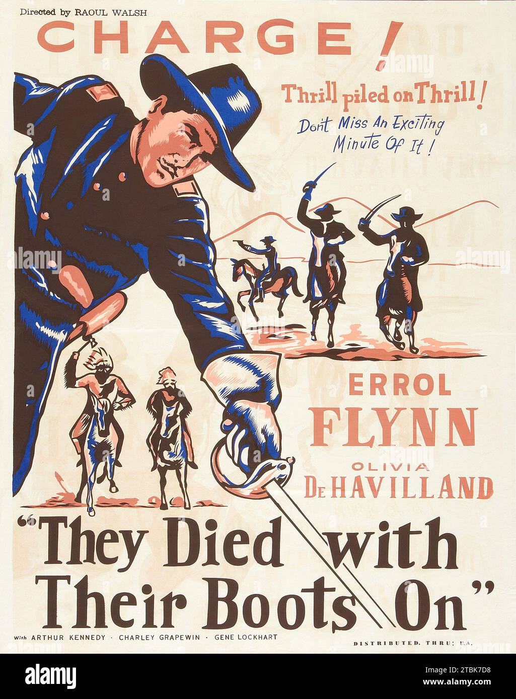 "The art from the 1960 rerelease poster to the film ""They Died with Their Boots On"" starring Errol Flynn and Olivia DeHavilland." Stock Photo