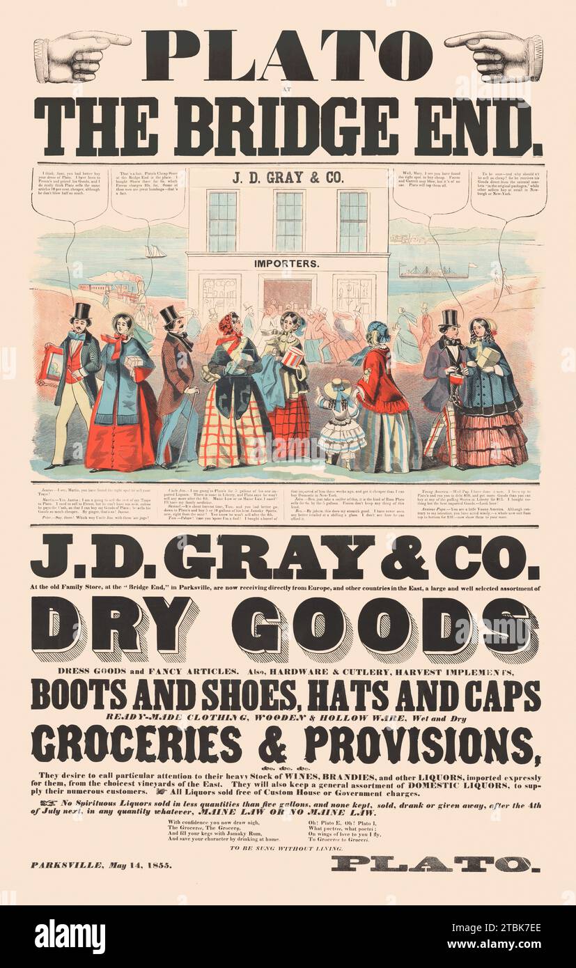'Plato at Bridge End. J.D. Gray & Co. importers.  Print shows a large advertisement with fashionably dressed men and women outside ''J[ames] D. Gray & Co. Importers'' with their purchases, as others race to enter the store in the background, also shows a railroad arriving on the left and steamships on a river in the distance.' Stock Photo