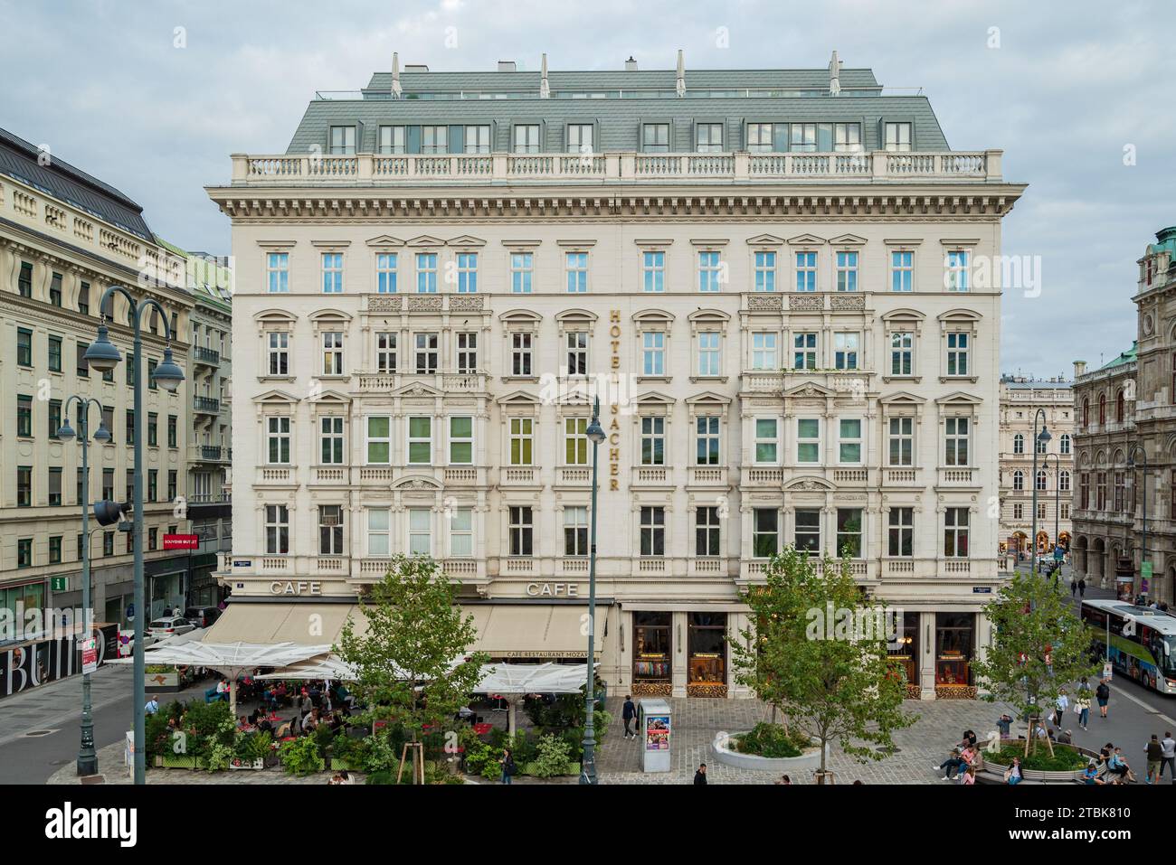 Vienna Austria. 29 September 2023 view from Albertina art gallery onto Albertina Square and one of the buildings housing old viennese cafe Cafe Mozart Stock Photo