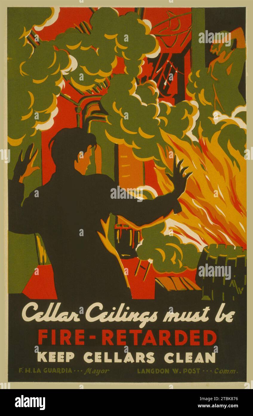 'WPA Poster promoting use of fire retardant materials in home construction, showing a couple trapped in burning house..  ''Cellar ceilings must be fire-retarded Keep cellars clean''' Stock Photo