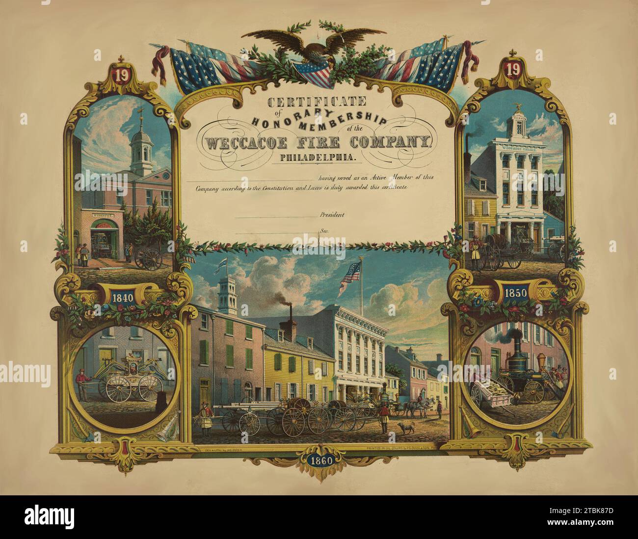 'Certificate of honorary membership of the Weccacoe Fire Company, Philadelphia / des. & lith. by Jas. Queen ; printed in oil colors by P.S. Duval & Son, Philadelphia.  Print shows a certificate for honorary membership in the Weccacoe Fire Company of Philadelphia, with views of five firehouses, horse-drawn engines, and other firefighting equipment.' Stock Photo
