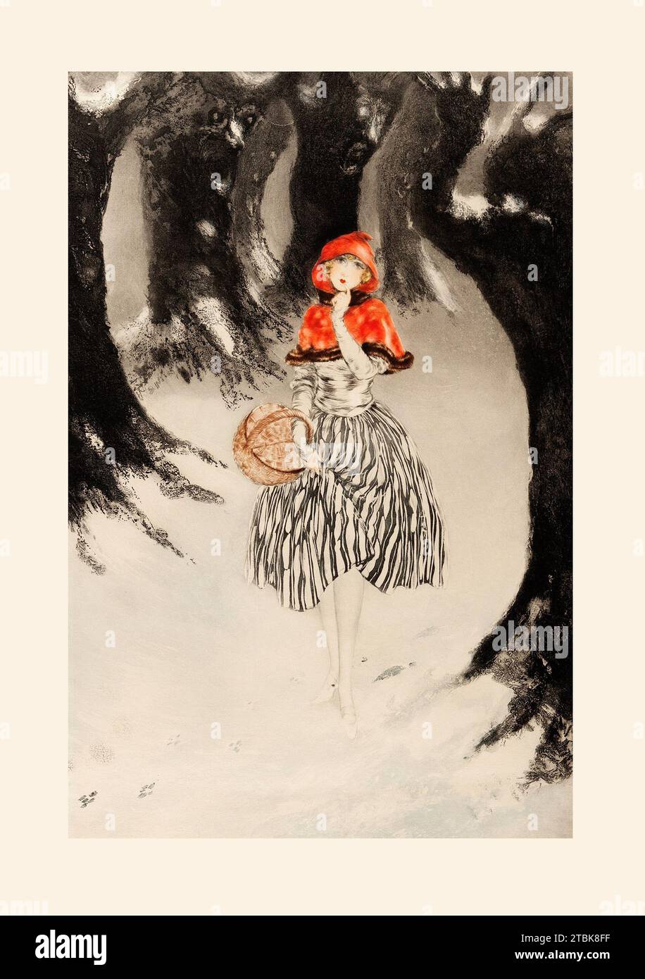 'Red Riding Hood makes her way through a dark and umbral forest to grandma's house, in this color etching by French Art Deco artist Louis Icart, 1927' Stock Photo