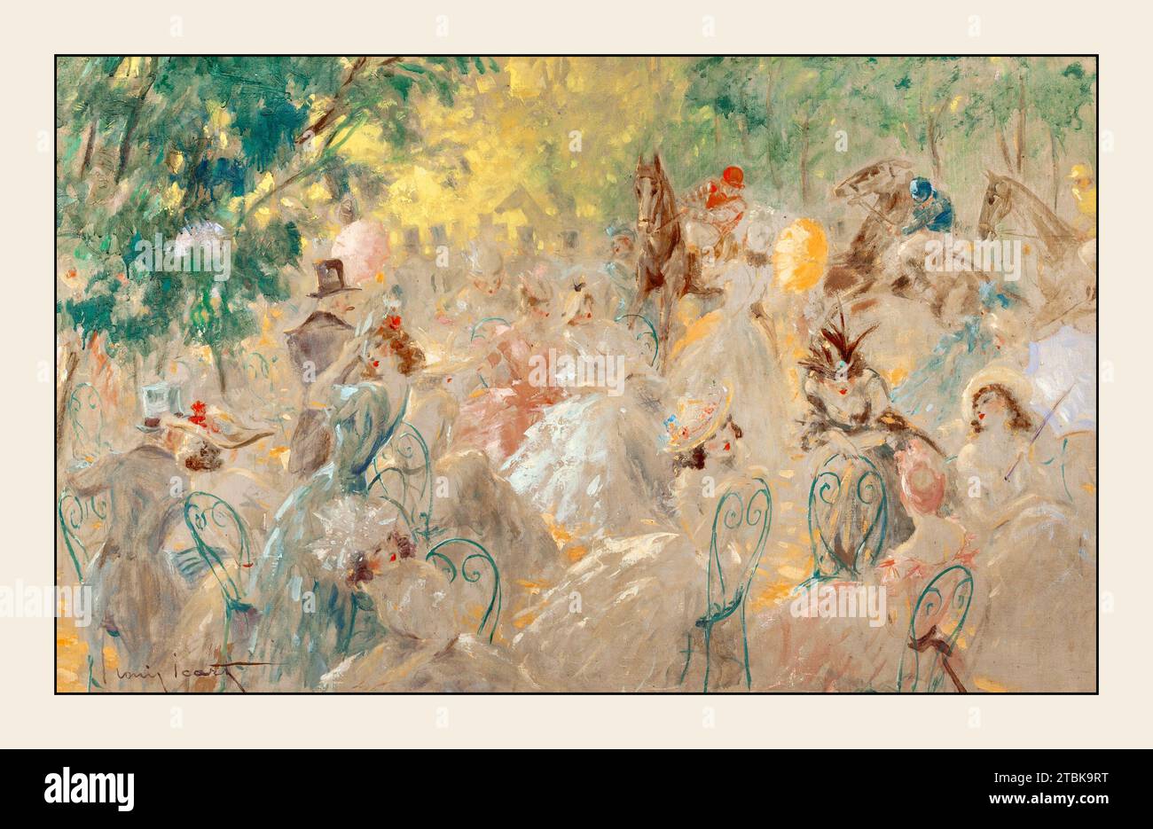 'Au Pesage, circa 1930.  A large group of gentlemen and ladies are seated as jockeys on horseback ride behind.  The women seem to chat and gossip in the peaceful but chaotic scene.' Stock Photo