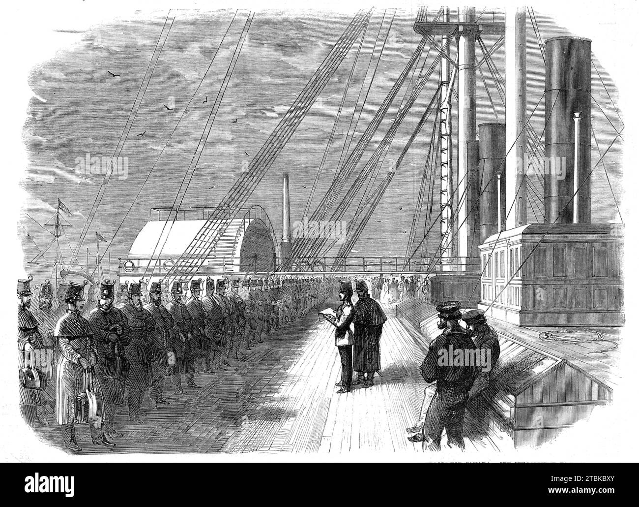 Calling the roll on board the Great Eastern shortly before her departure from the Mersey with troops for Canada, 1861. 'Shortly after noon on Thursday week the Great Eastern sailed out of the Mersey on her voyage to Quebec with troops to reinforce the Canadian garrisons. The day was cloudless, there was brilliant sunshine, and the piers and dock walls for five miles, as well as the landing-stages, were lined with spectators, who, as the great ship passed them, responded most heartily to the cheers raised by the soldiers who thronged the deck and the lower portions of the rigging. As she passed Stock Photo