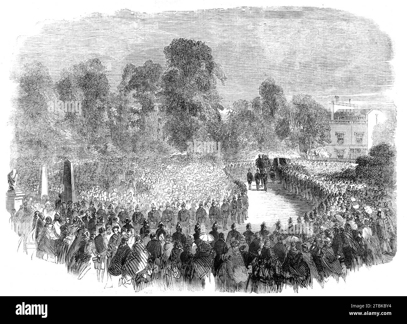 Funeral of Mr. Braidwood, the late Chief of the London Fire Brigade, in Abney-Park Cemetery, 1861. Braidwood died in the Tooley Street fire. 'Seldom if ever before in London has such a marked tribute of public respect been paid to a private individual. The London Rifle Brigade, the Tower Hamlets Volunteers, all the public and private fire brigades...formed part of the procession, which extended upwards of a mile in length. Every avenue...was blocked by a dense and almost impenetrable crowd, while throughout the entire length of the route along which it was to pass every path was thronged...The Stock Photo