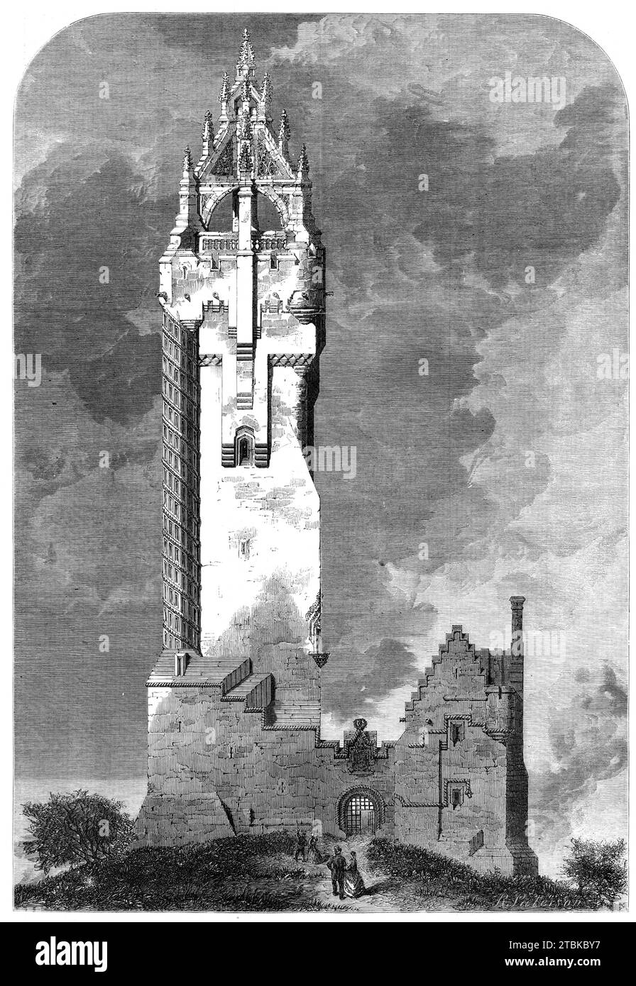 The National Wallace Monument, about to be built on the Abbey Craig, near Stirling, 1861. 'The monument...consists of a Scottish Baronial Tower, upwards of 200 feet high and 36 feet square, having walls of a thick and massive construction of not less than 15 feet thick at the base, and graduating from 5 to 6 feet at the top...The apex of the monument exhibits the form of an Imperial open crown of stone...which cannot fail to present a most commanding outline and graceful feature when seen against the open sky. The coronal top or crown is upwards of fifty feet high, and consists of eight arms.. Stock Photo