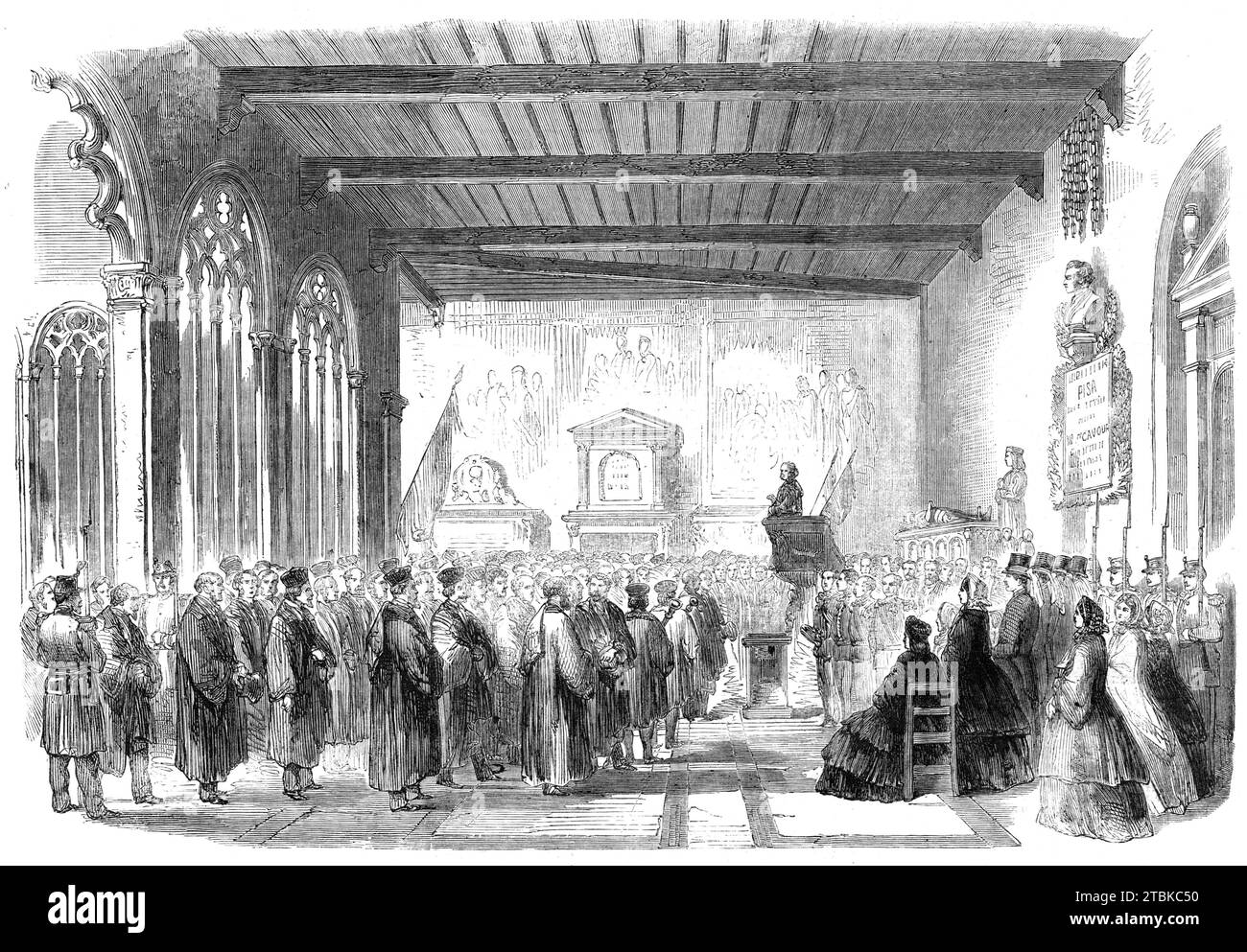 Inauguration of Cavour's Monument in the Campo Santo at Pisa, 1861. 'Pisa possesses in her celebrated Campo Santo the most storied, the most remarkable, and the most beautiful burying-place in Europe...The task of pronouncing an appropriate oration was intrusted to Signor Villari, the Professor of the Philosophy of History in the University, and well known to the literary world of Europe...His oration was much applauded, but the passage which drew forth the most enthusiastic plaudits from an audience composed mainly, it is to be observed, of university professors and city magistrates, was that Stock Photo