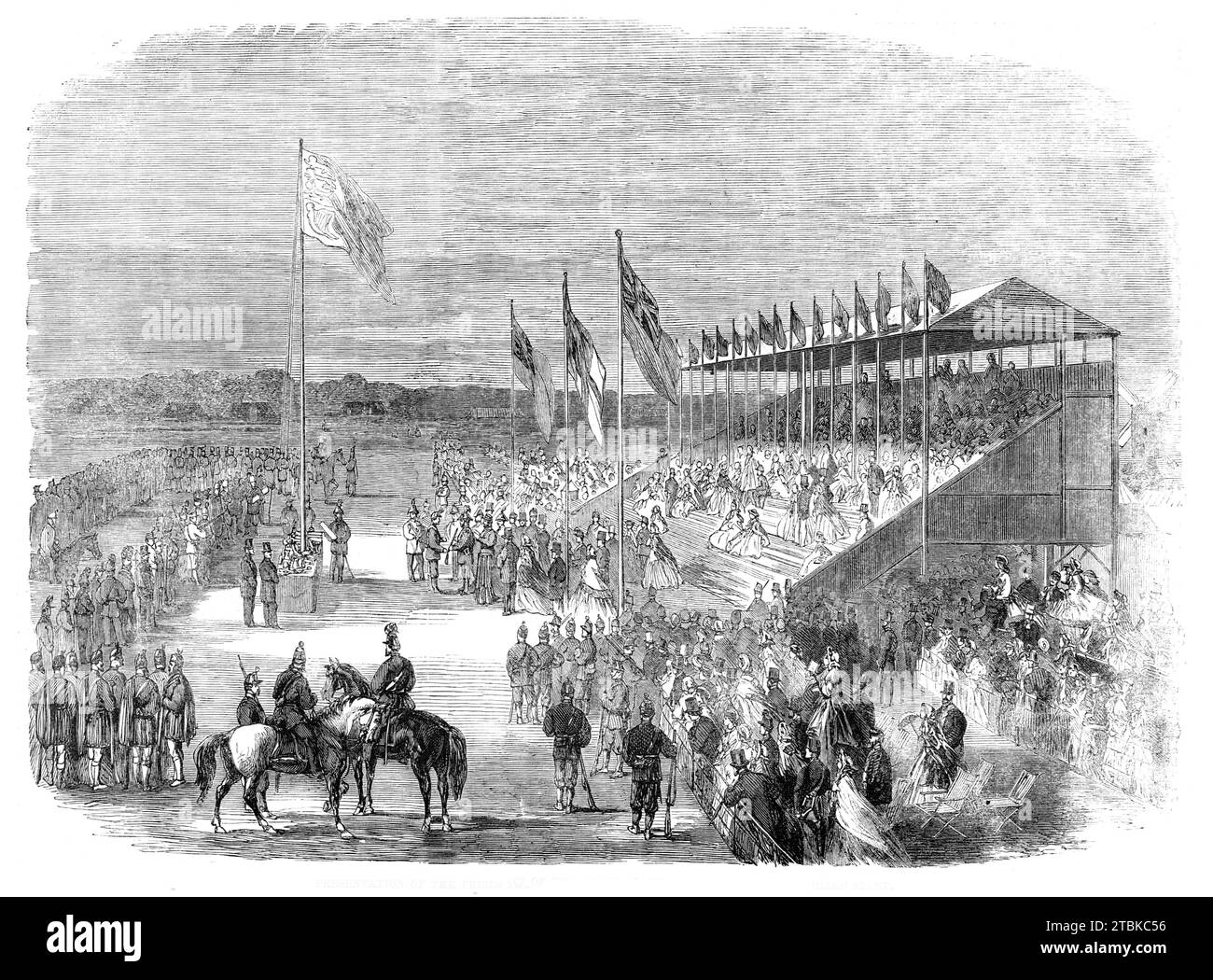 Presentation of the prizes by the Duke of Cambridge in front of the grand stand, 1861. National Rifle Match on Wimbledon Common, London. 'Shortly after three the Royal ensign was raised, the band of the Hon. Artillery Company played a few strains of &quot;God Save the Queen,&quot; and the Duke of Cambridge stepped upon the dais. Ranged in a long line...were the successful competitors, who awaited their prizes. The diversity of figure and dress gave some force to the idea that our national marksmen have gathered from far and wide. Here was an active Lancashire lad in the serviceable grey unifor Stock Photo