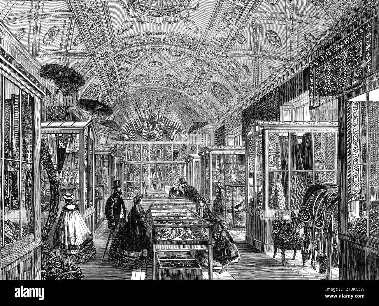 The New India Museum, Whitehall-Yard, [London], 1861. 'The collection of native products, and the specimens illustrative of the arts and industrial pursuits of the people of India...have been removed to Fife House...The building is not well adapted for the purposes of a museum, but it may serve as a temporary depot for the extensive collection of silks, jewels, metal wares, and other produce and manufactures which illustrate the wealth of our Indian empire...[in] the drawing-room...are displayed the silk and jewelled dresses of the East, which present a most gorgeous appearance...The six bedro Stock Photo