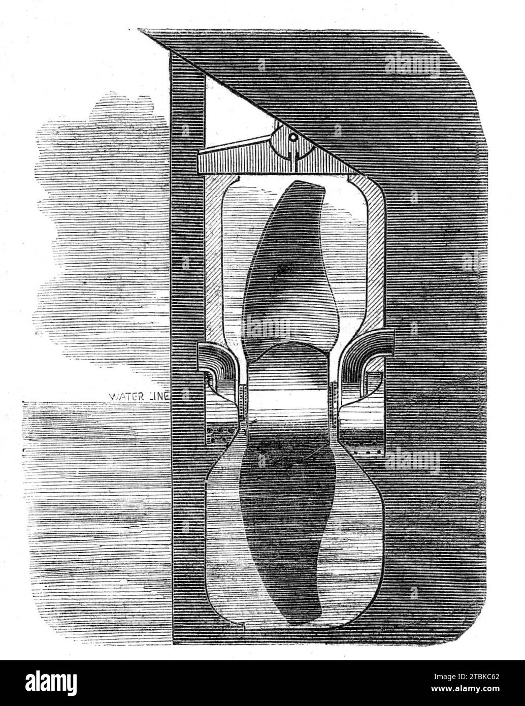 Screw of the Warrior, 1861. Diagram of the propellor of an ironclad steamship, showing water level. 'This vessel, the first completed of our new iron-clad ships-of-war, and by far the noblest and most efficient fighting-ship in commission in the world...The rapidity with which the works have been carried on since the ship was launched is most creditable to the contractors, the Thames Shipbuilding Company, and the manner in which the whole of the works of a novel and exceedingly difficult character have been executed has given perfect satisfaction to the inspectors appointed by the Government.. Stock Photo