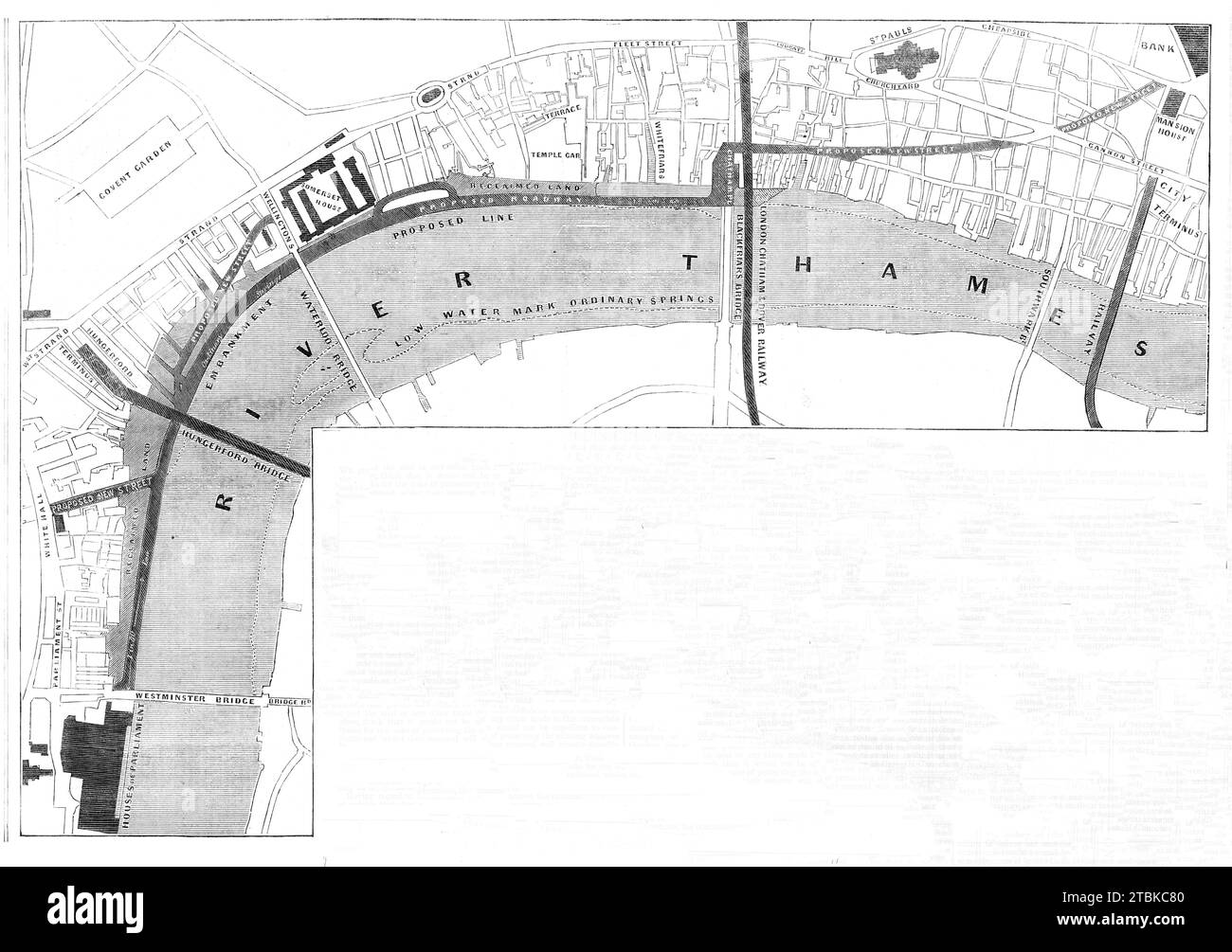 Plan of the proposed Thames Embankment, [London], 1861. Map showing '...plans for embanking the River Thames within the metropolis, so as to provide with the greatest efficiency and economy for the relief of the most crowded streets, by the establishment of a new and spacious thoroughfare, for the improvement of the navigation of the river, and which will afford an opportunity of making the low-level sewer without disturbing the Strand or Fleet-street, and also to report upon the cost and means of carrying the same into execution'. From &quot;Illustrated London News&quot;, 1861. Stock Photo