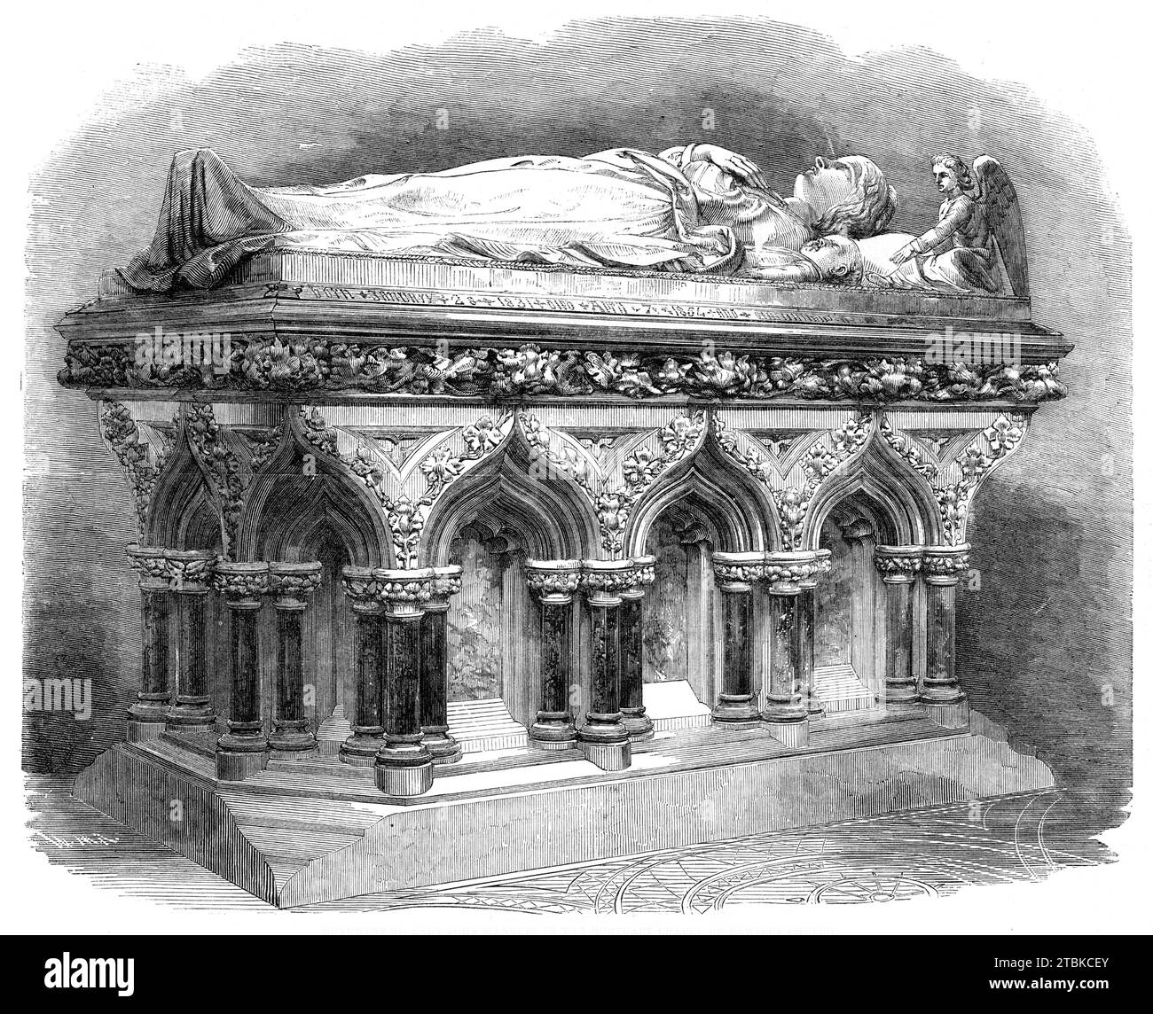 Monument to Lady John Manners in the Mortuary Chapel of Rawsley [sic] Church, 1861. Marble tomb with sculpture of Catherine Marley and her twelve-day-old daughter, Edith Katherine Mary, in St Katherine's Church, Rowsley, Derbyshire. 'This monument has been erected to the memory of Lady John Manners, who died on the 7th of April, 1854. The style of the monument partakes of the Middle Pointed Gothic, and the materials used are all from Derbyshire. It principally consists of stone known as Darley Dale, with russet marble columns, the carved capitals, the panels, and the figure being of alabaster. Stock Photo