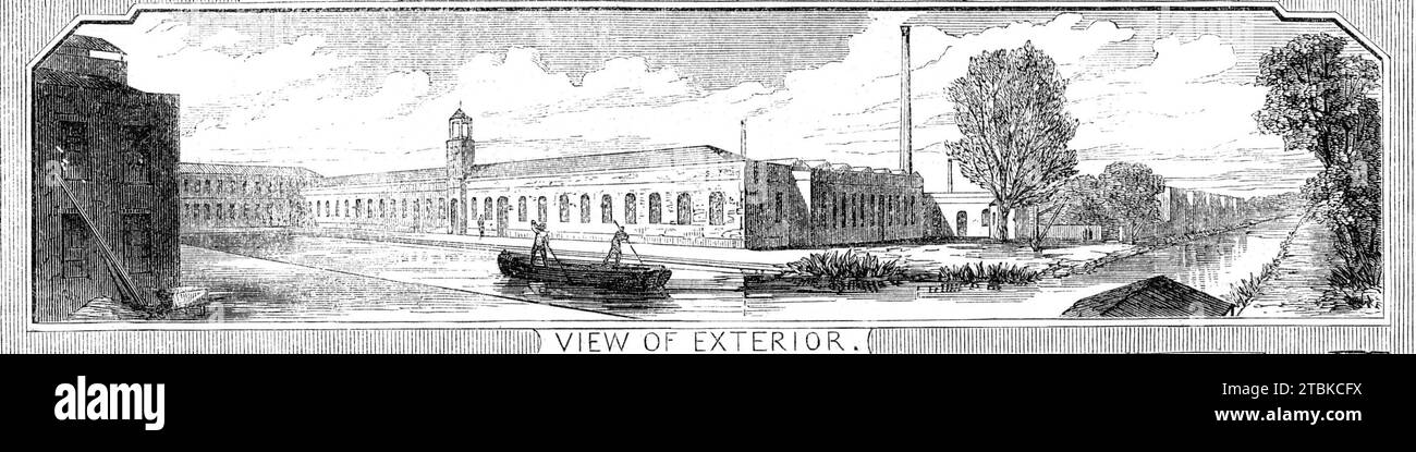 Royal Small Arms Factory, Enfield: View of Exterior, 1861. The RSAF was a UK government-owned rifle factory produced British military rifles, muskets and swords from 1816. The factory, adjoining the Lee Navigation in the Lea Valley, designed and manufactured many famous British Army weapons including the Lee-Enfield rifles which were standard equipment during both World Wars. The RSAF closed in 1988. From &quot;Illustrated London News&quot;, 1861. Stock Photo