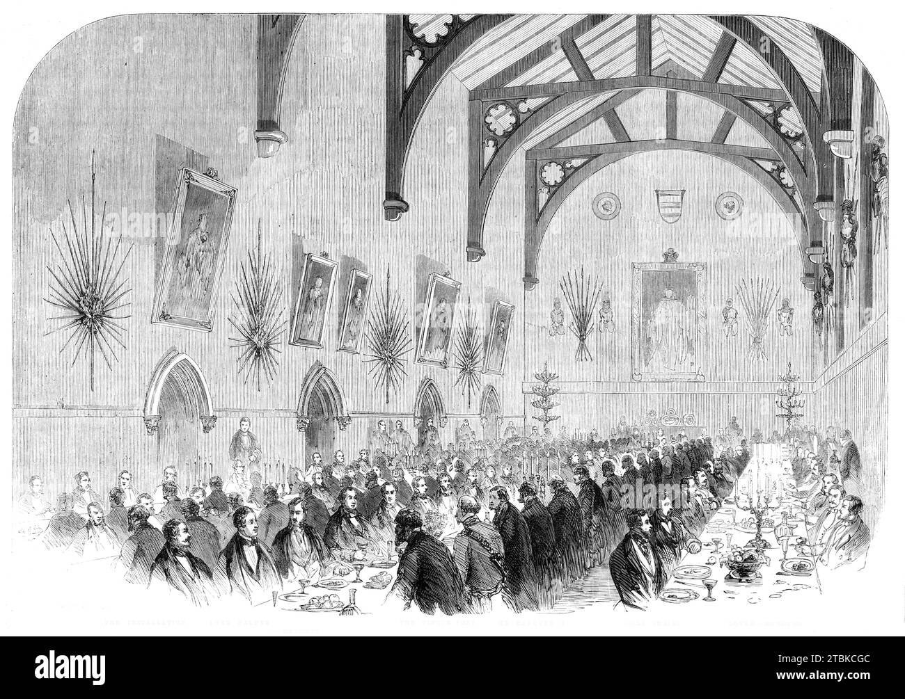 The Installation of Lord Palmerston as Lord Warden of the Cinque Ports: the banquet in the townhall (Maison Dieu) Dover, 1861. 'The banquet was given in the Townhall, anciently the Maison Dieu, a large noble hall, forming part of the original hospital of that name, founded by Hubert de Burgh, Constable of Dover Castle in the reign of King John. The building, which belongs to the Corporation, has recently been restored and decorated at considerable expense. The arms of the principal Lord Wardens are emblazoned on the walls, on which are also portraits and trophies of ancient armour. The interio Stock Photo