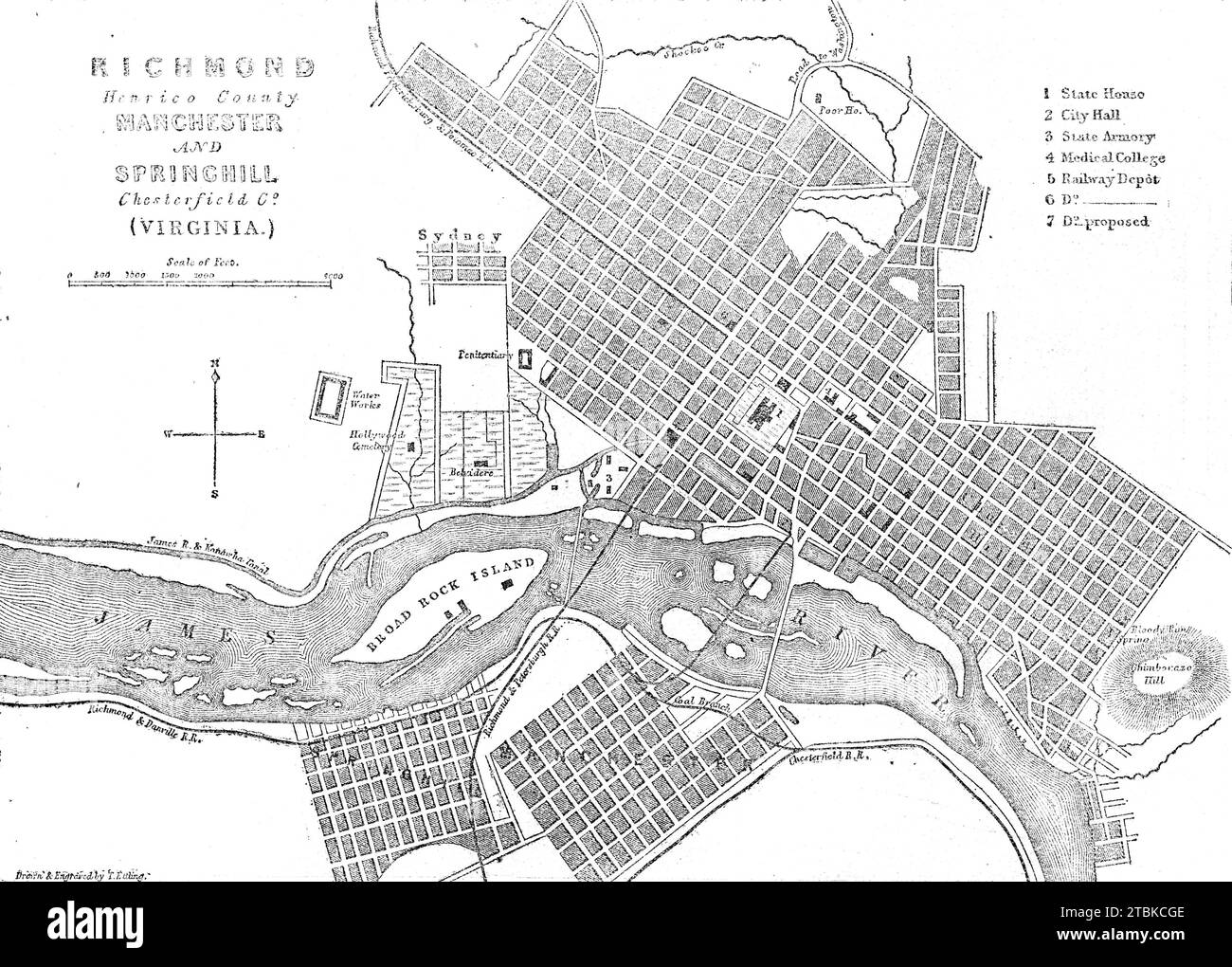 Richmond, Virginia, the capital of the Confederate States of America, 1861. American Civil War. Map showing the State House, City Hall, State Armory, Medical College, Railway Depot, Broad Rock Island, penitentiary, waterworks, Hollywood Cemetery, poor house, Chimborazo Hill and the James River. 'Richmond, Henrico County, Manchester and Springhill, Chesterfield Co., Virginia'. From &quot;Illustrated London News&quot;, 1861. Stock Photo