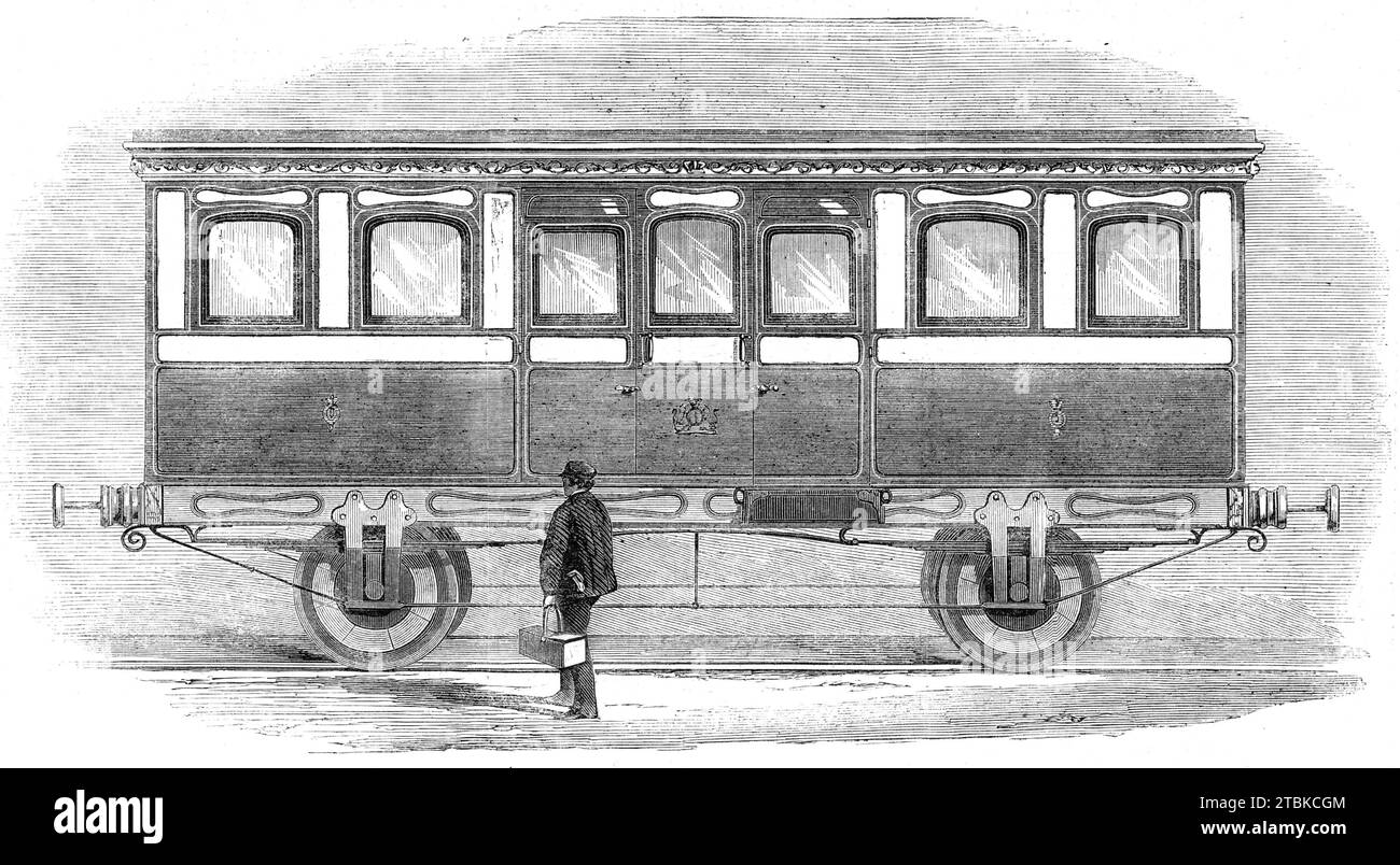 Her Majesty's carriage on the London and North-Western Railway, 1861. '...State carriage...constructed expressly for the use of her Majesty, the Prince Consort, and suite, the cost of which, it is stated, exceeded &#xa3;3000. The design of this magnificent specimen of railway carriage architecture was prepared by and carried out under the direction of Mr. Cawkwell, the general manager, and Mr. H. P, Bruyeres, the general superintendent of the London and North-Western Railway. The framework upon which the body of the carriage rests is constructed of solid oak, handsomely carved and highly polis Stock Photo