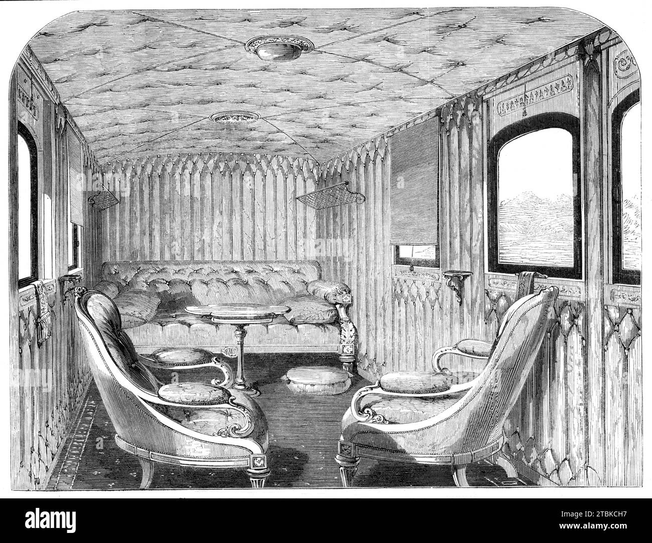 Saloon of Her Majesty's carriage on the London and North-Western Railway, 1861. 'State carriage...constructed expressly for the use of [Queen Victoria], the Prince Consort, and suite, the cost of which, it is stated, exceeded &#xa3;3000. The design of this magnificent specimen of railway carriage architecture was in the main prepared by and carried out under the direction of Mr. Cawkwell, the general manager, and Mr. H. P, Bruyeres, the general superintendent of the London and North-Western Railway...The interior of the Royal saloon presents a coup d'oeil combining the most refined taste and e Stock Photo