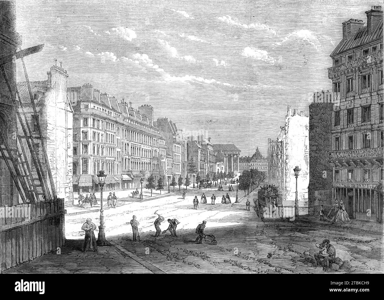 New Boulevard Malesherbes, looking towards the Madeleine, [Paris], 1861. '...the construction of the Boulevard Malesherbes has led to the disappearance of La Petite Pologne, a small district possessing an unenviable notoriety for the bad reputation of its inhabitants, who were an eyesore to the &quot;West-end&quot; of the French capital...Henceforth Paris will be purged of these infectious neighbourhoods...Our View of the new Boulevard is taken from the point where it forms an angle with the Madeleine...at one extremity and the Arc de Triomphe at the other. The angle itself is to be occupied b Stock Photo